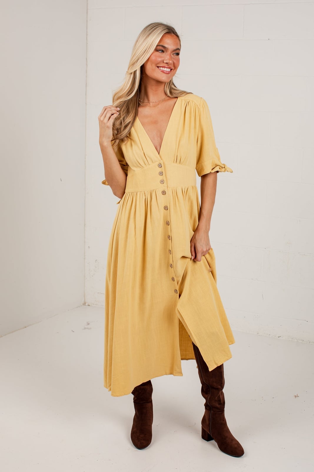 Mustard Midi Dress with Button-Front and Tie Sleeves — Trendy Mustard Dress