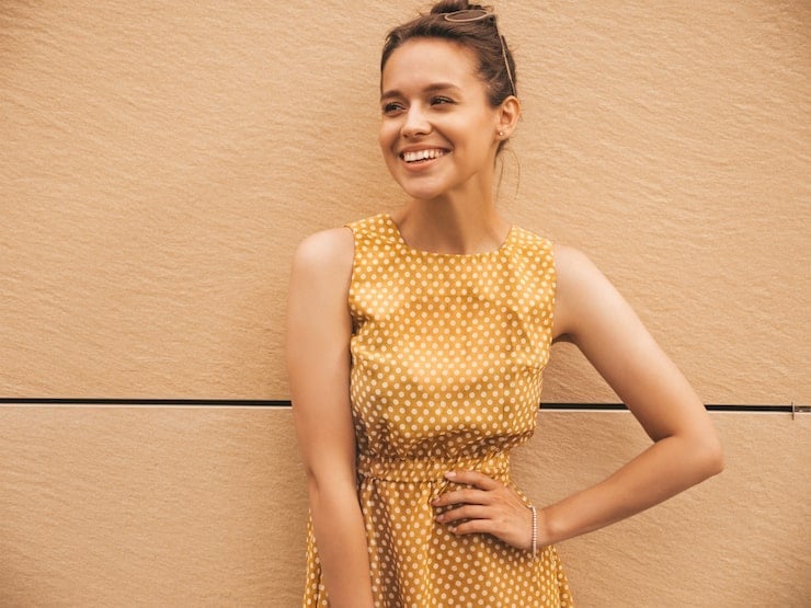 Sleeveless Mustard Polka Dot A-Line Dress — Trendy Mustard Dress