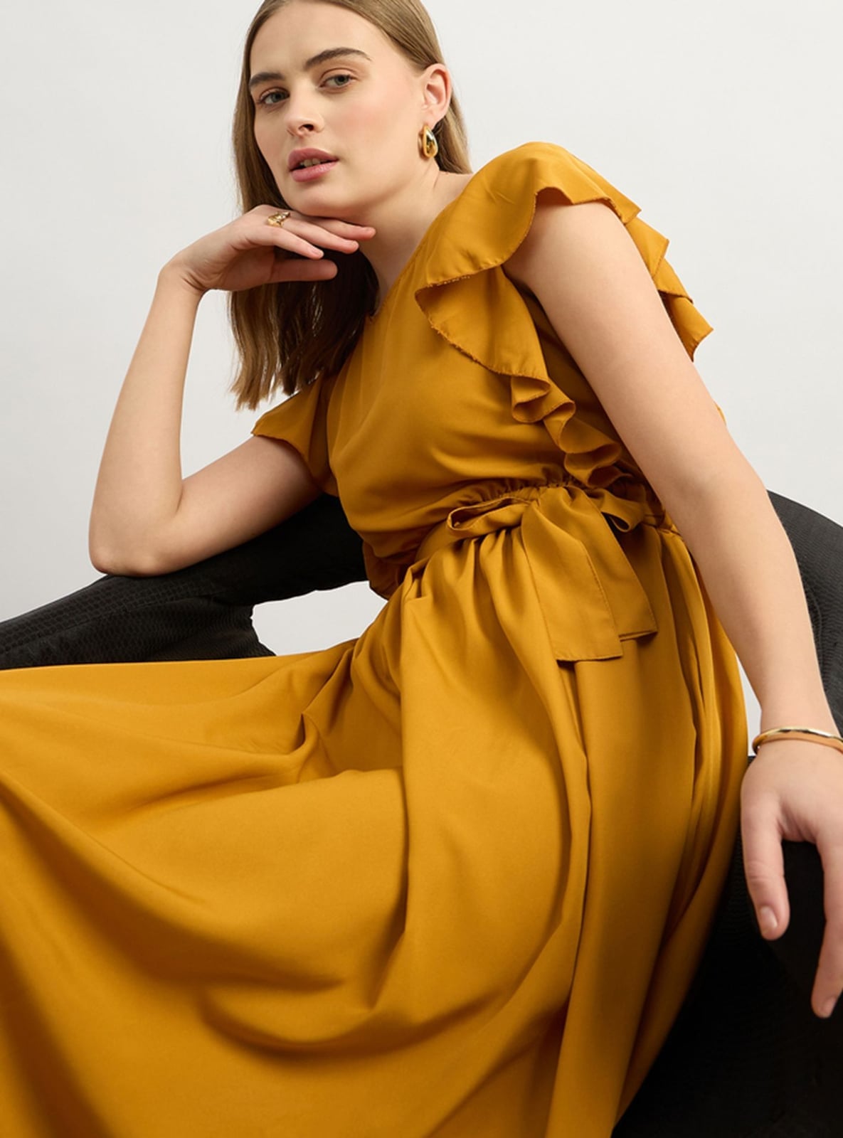 Mustard Midi Dress with Ruffled Sleeves and Empire Waist — Trendy Mustard Dress