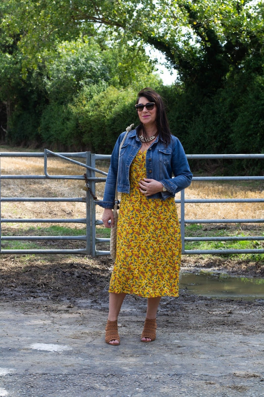 Yellow Floral Print Fit-And-Flare Dress with Denim Jacket — Trendy Mustard Dress