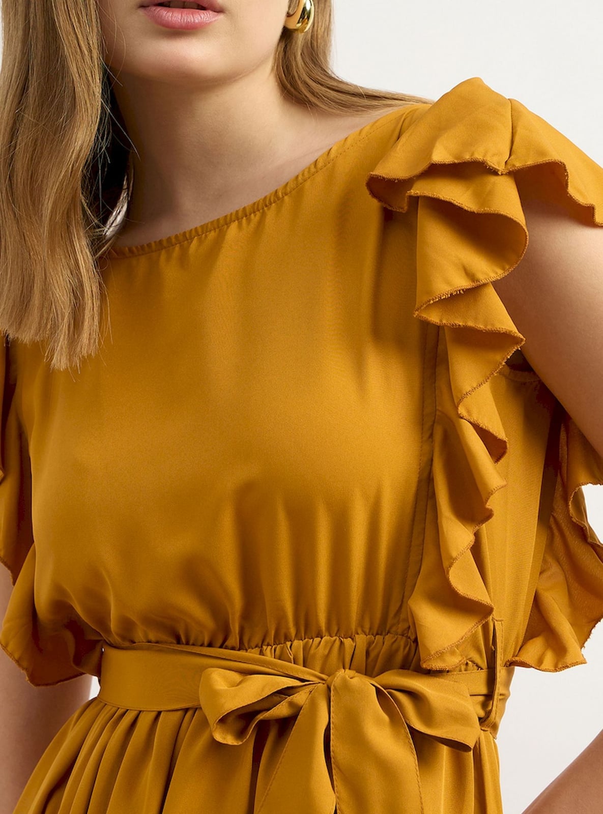 Mustard Midi Dress with Ruffled Sleeves and Tie Waist Detail — Trendy Mustard Dress