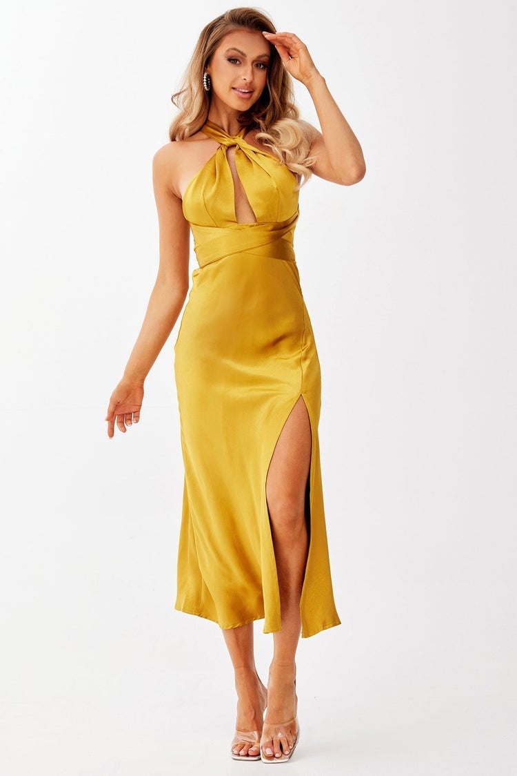 Satin Mustard Halter Neck Midi Dress with High Slit — Trendy Mustard Dress