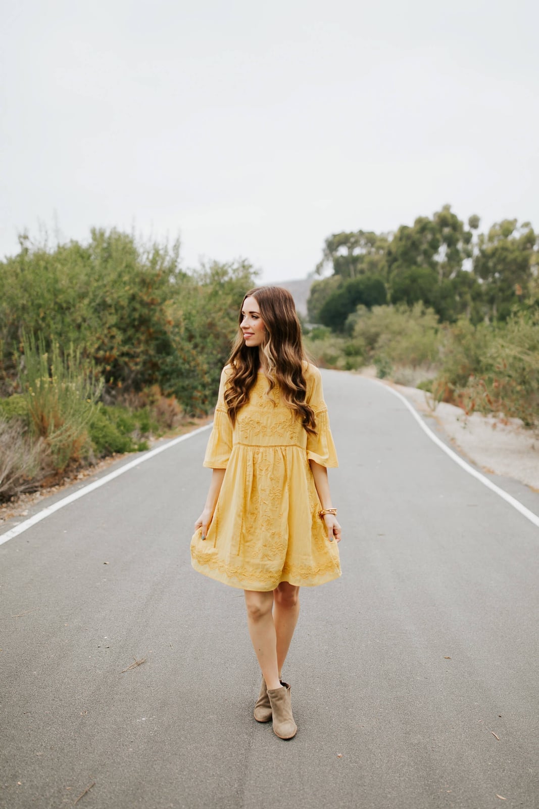 Embroidered Mustard Mini Dress with Bell Sleeves — Trendy Mustard Dress