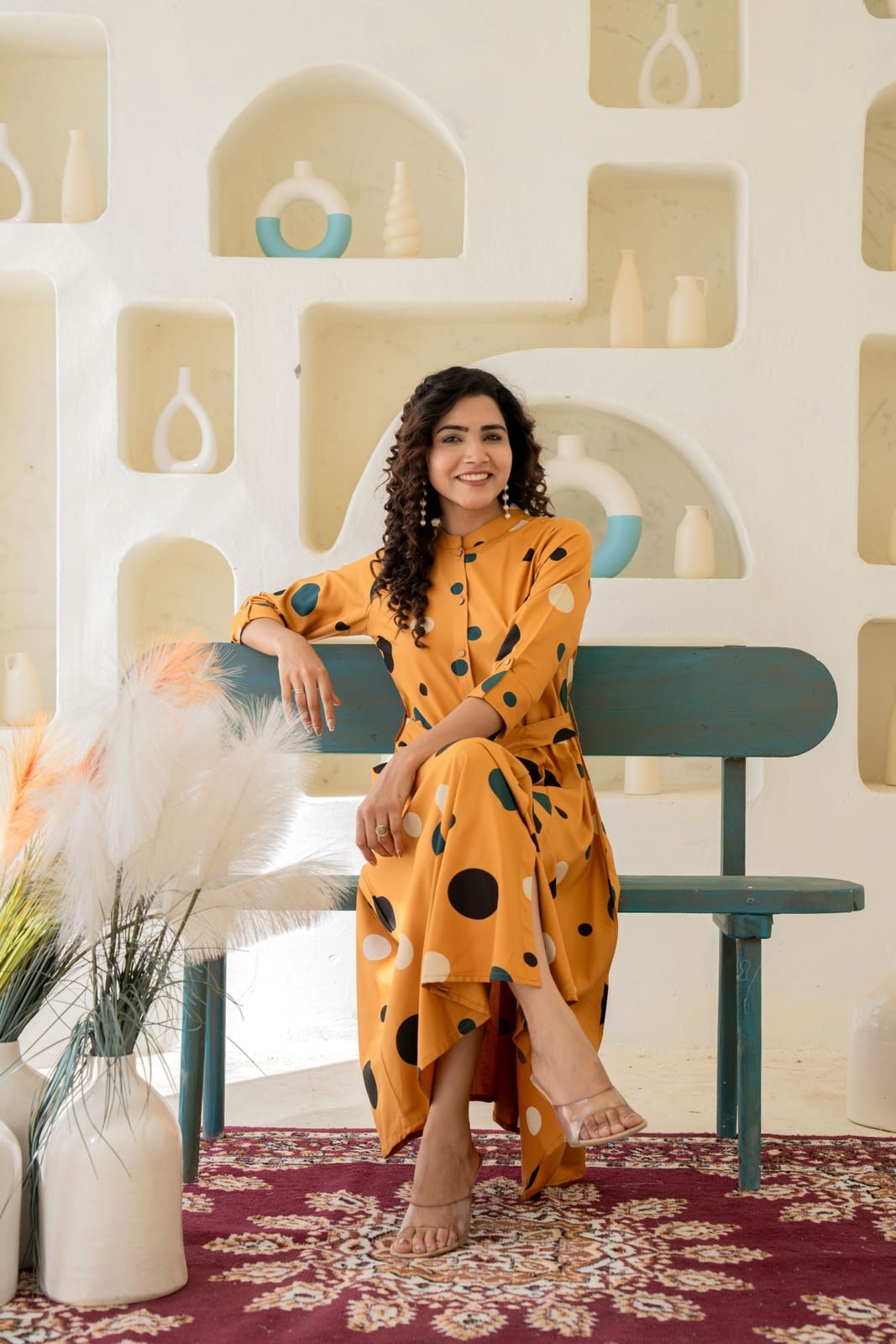 Mustard Shirt Dress with Black and White Polka Dots — Trendy Mustard Dress