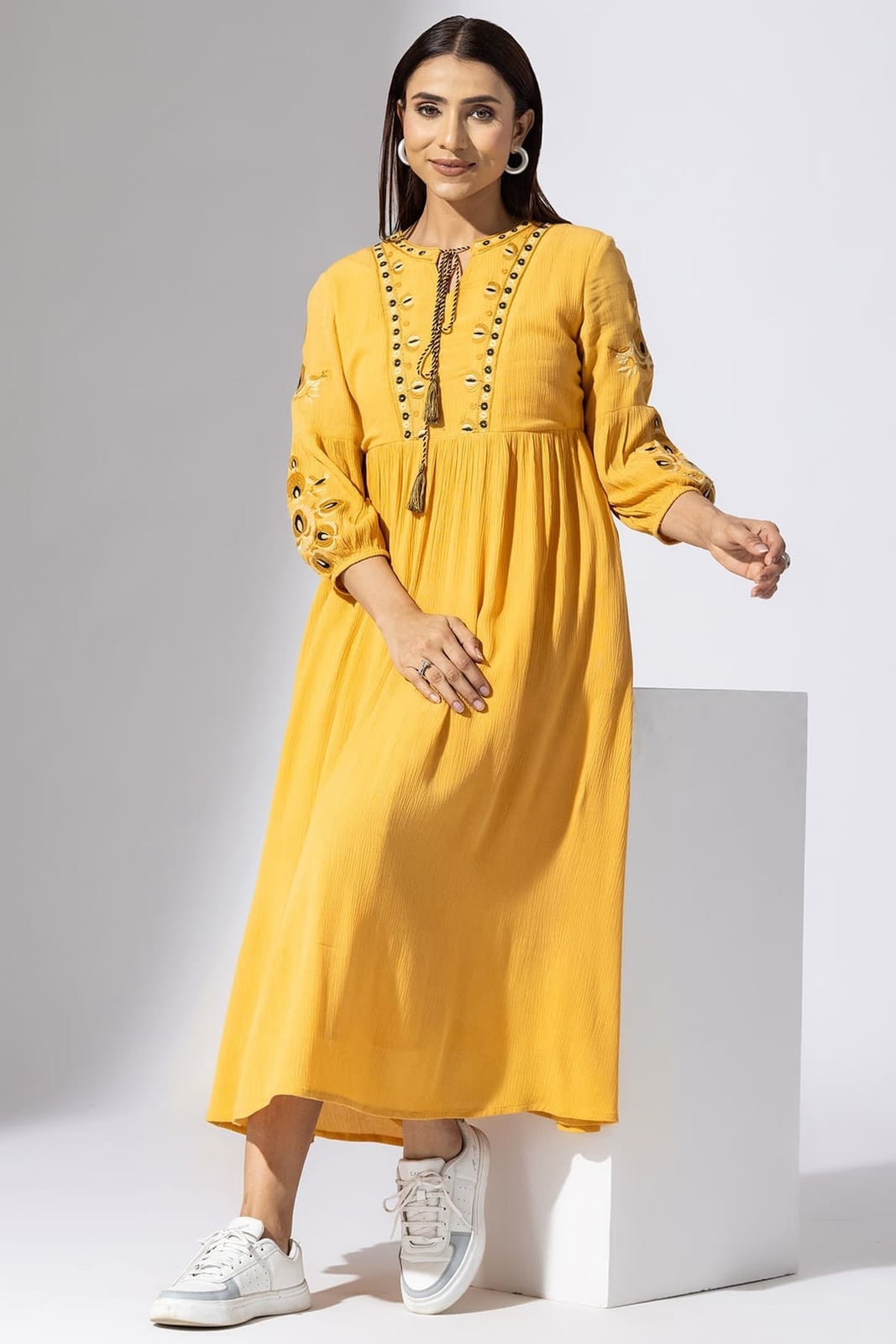 Long Sleeve Embroidered Mustard Dress with Cut-Out Details — Trendy Mustard Dress