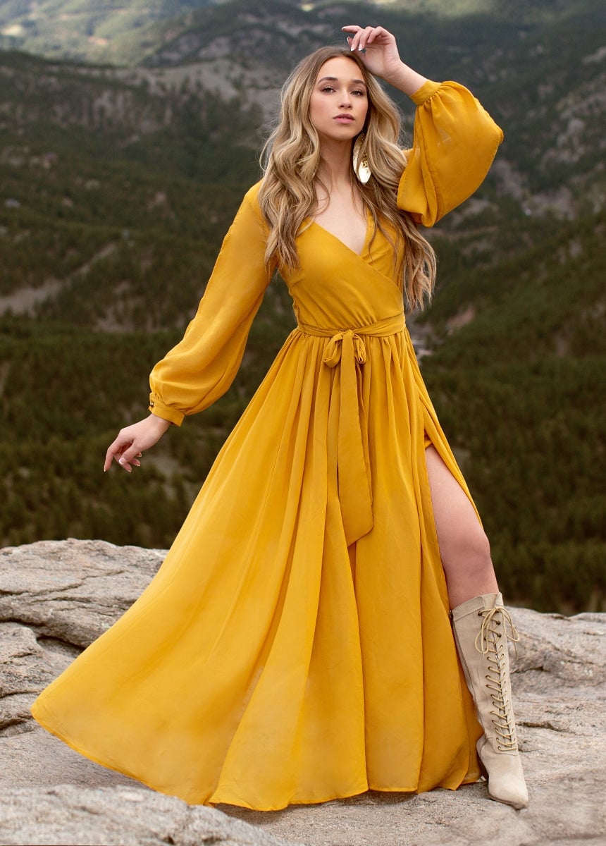 Flowing Mustard Chiffon Maxi Wrap Dress with Voluminous Sleeves — Trendy Mustard Dress