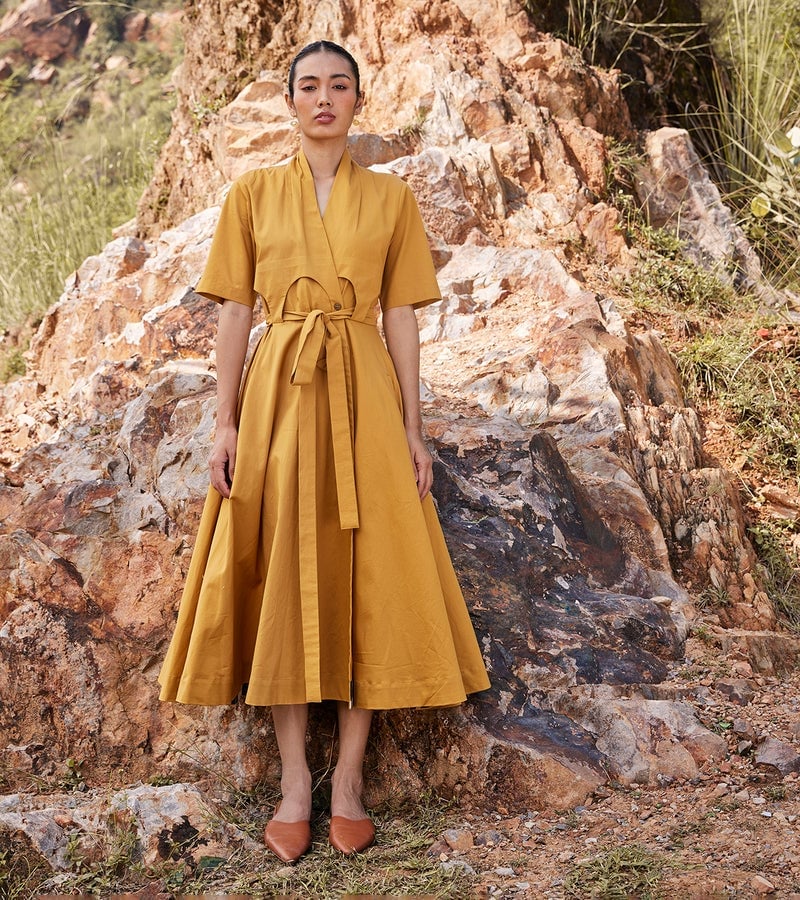 Casual Mustard Cotton Wrap Dress with Tie Waist — Trendy Mustard Dress