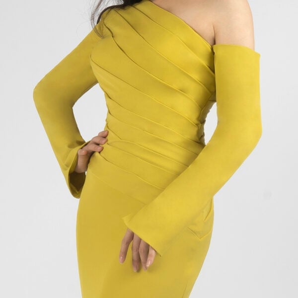 One-shoulder Mustard Crepe Dress with Pleated Bell Sleeves — Trendy Mustard Dress