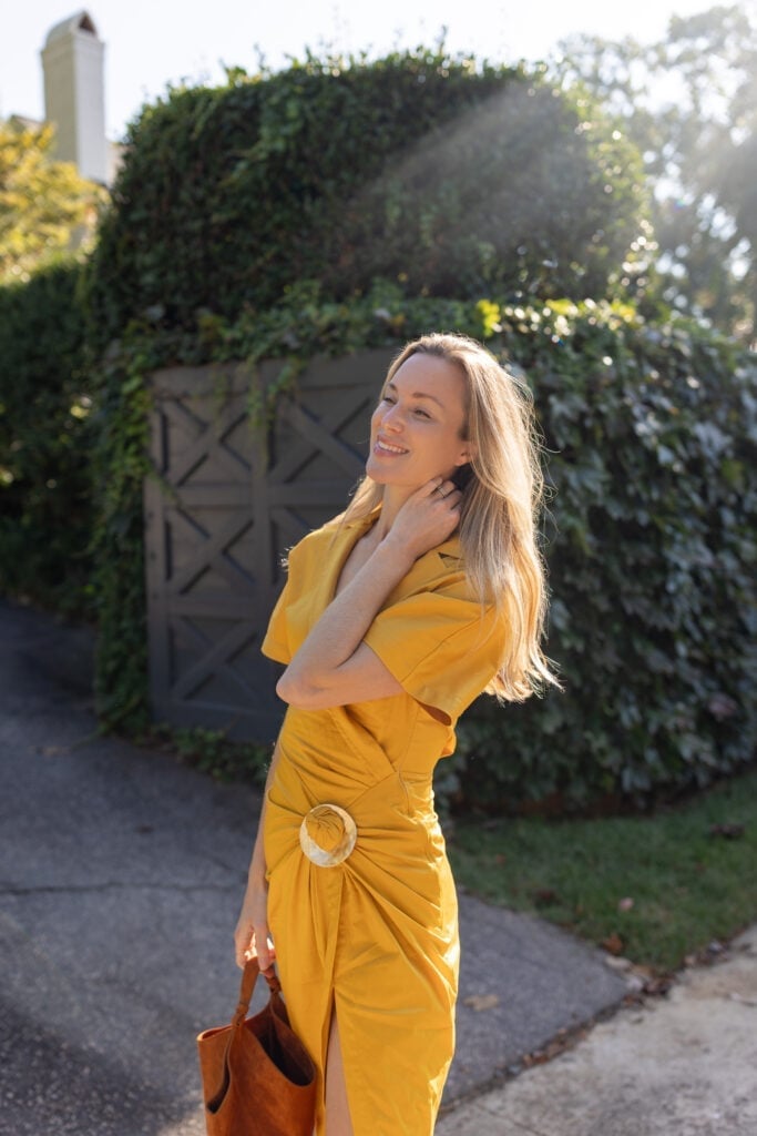 Linen Blend Mustard Midi Wrap Dress with Buckle Detail — Trendy Mustard Dress