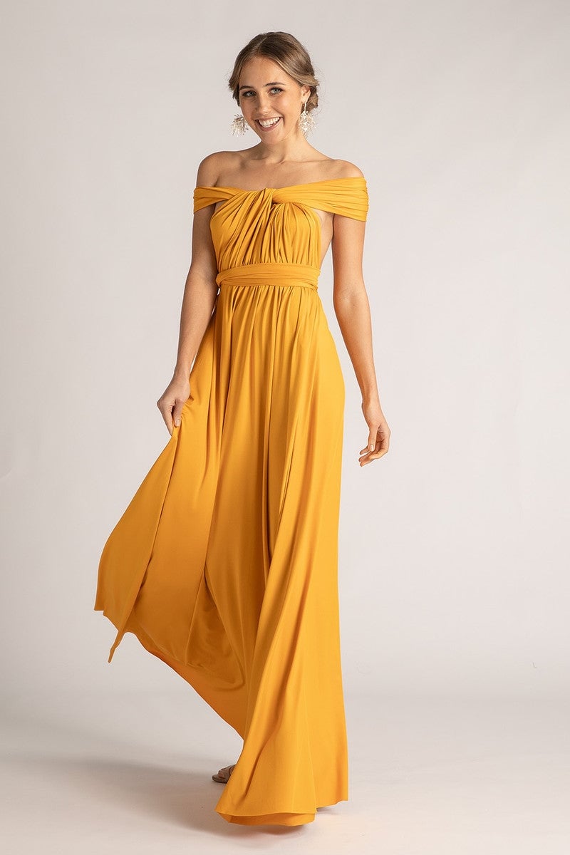 Off-the-shoulder Mustard Jersey Knit Maxi Dress with Multiway Design — Trendy Mustard Dress