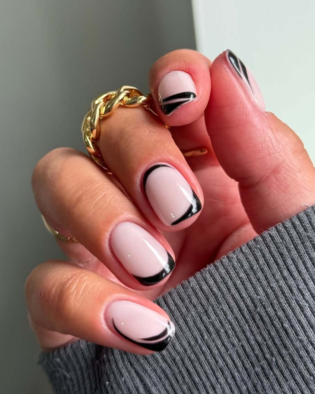 Short Square Nails with Curved Black French Tips, Close-Up Take — Trendy Nails for Black Dress