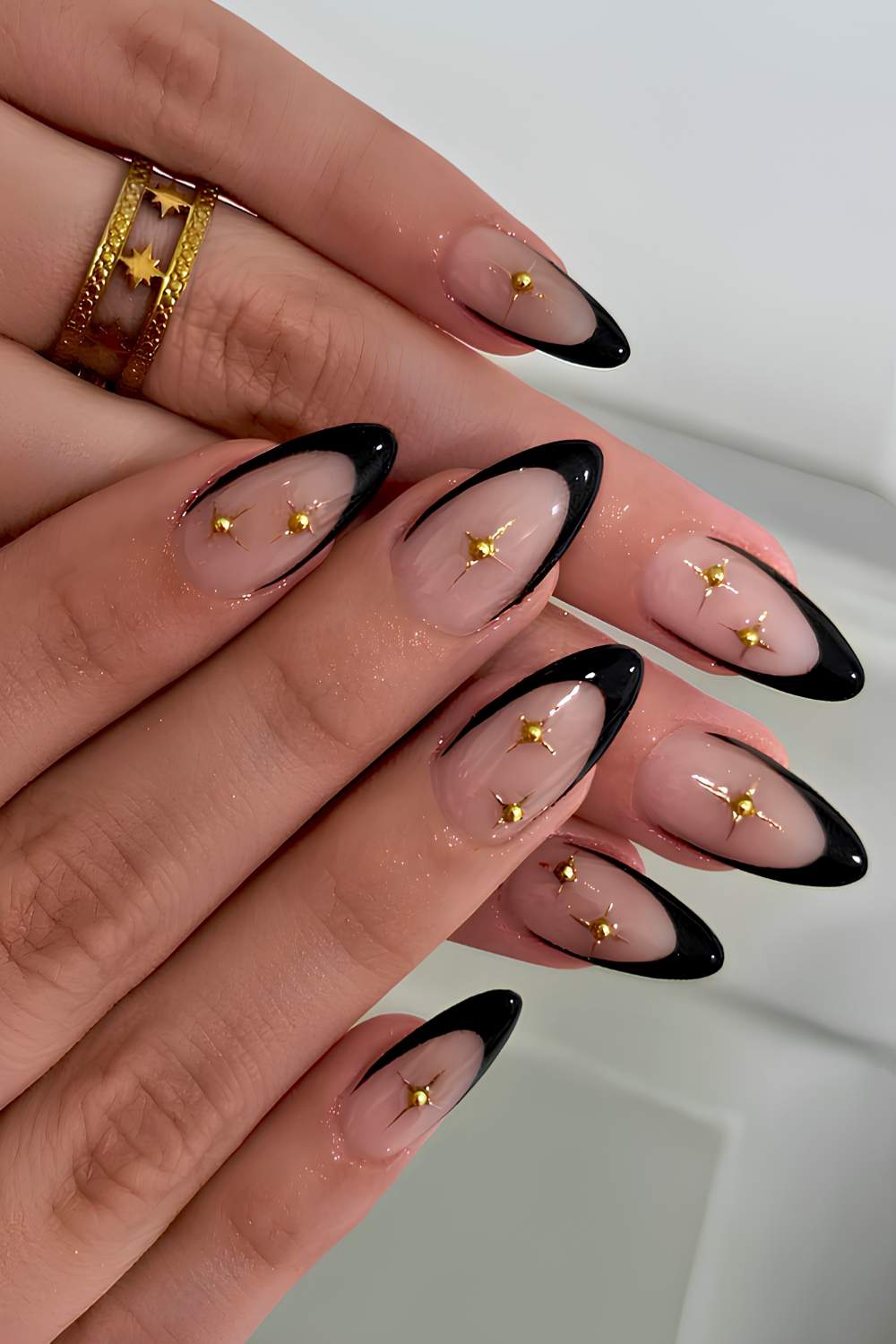Medium Almond French Tips with Gold Glitter — Trendy Nails for Black Dress