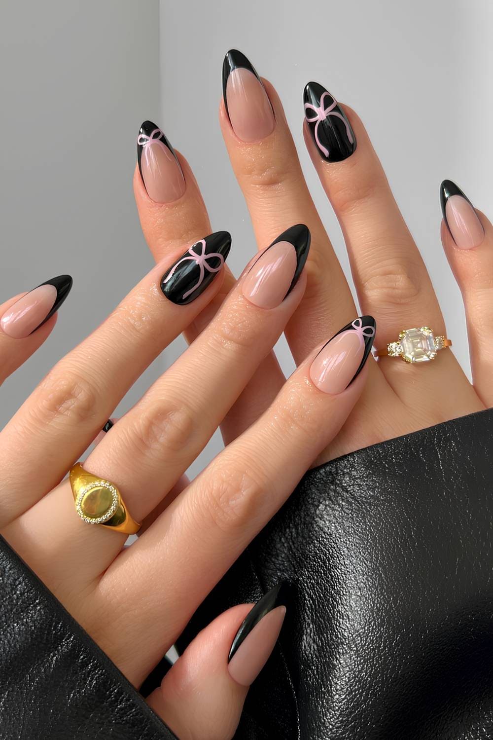 Medium Stiletto Black French Tips with Gold Studs — Trendy Nails for Black Dress