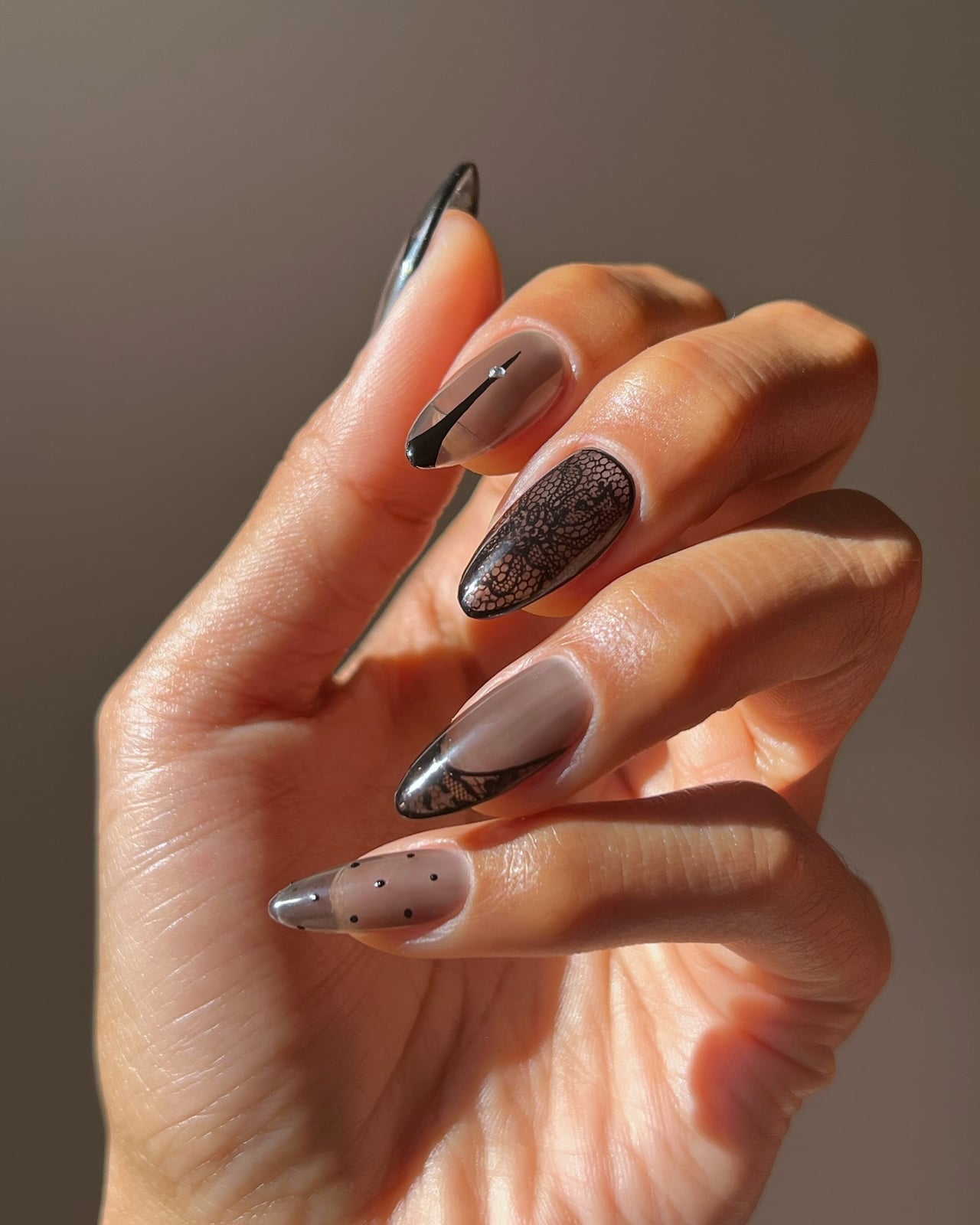 Almond Nails with Lace, French Tip, and Dot Art — Trendy Nails for Black Dress