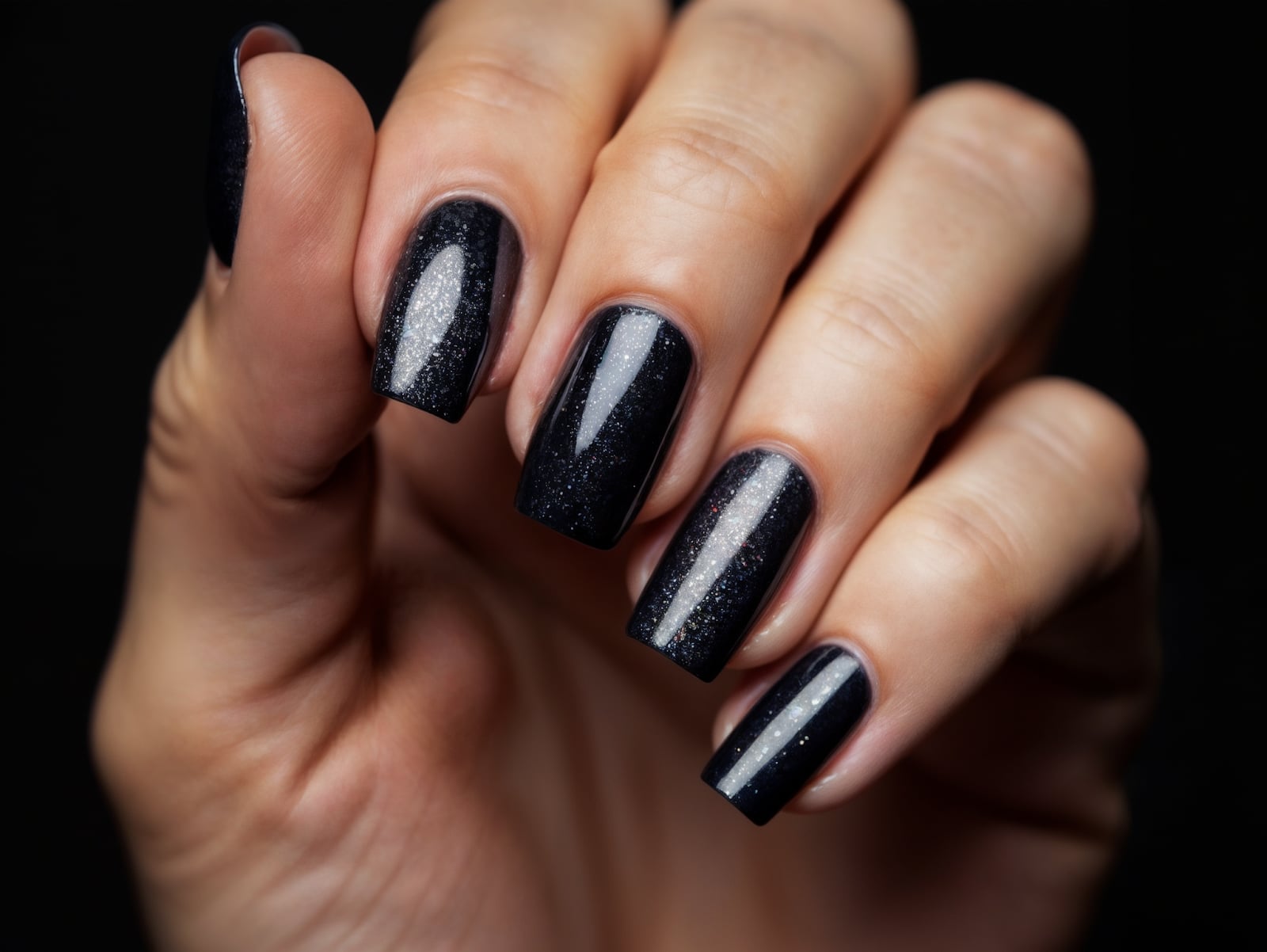 Medium Square Nails with Black Glitter Polish, квадратные — Trendy Nails for Black Dress