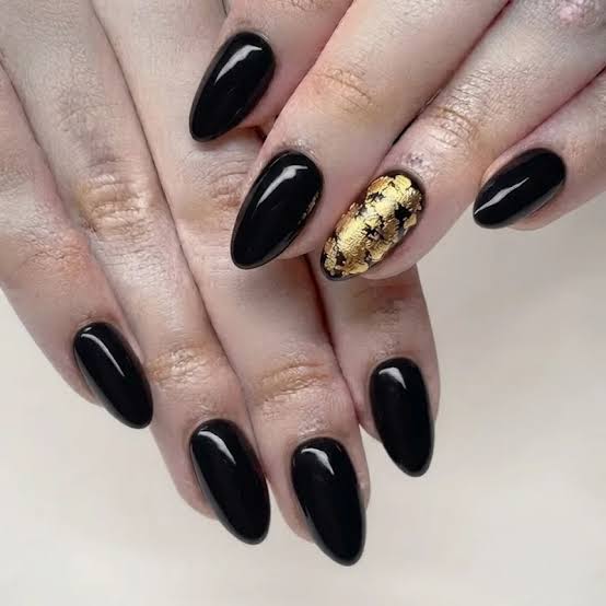 Medium Almond Nails with Gold Foil Accent — Trendy Nails for Black Dress
