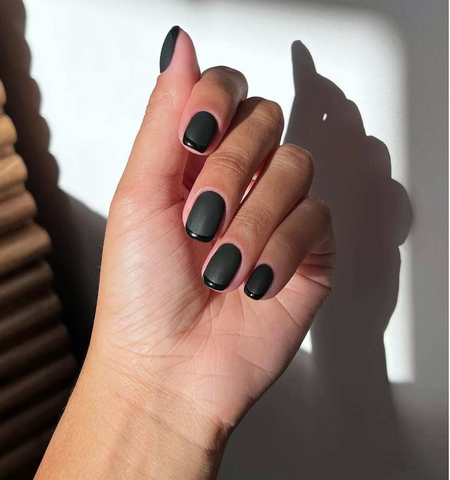 Short Square Nails with Velvet Matte and Glossy Tip — Trendy Nails for Black Dress
