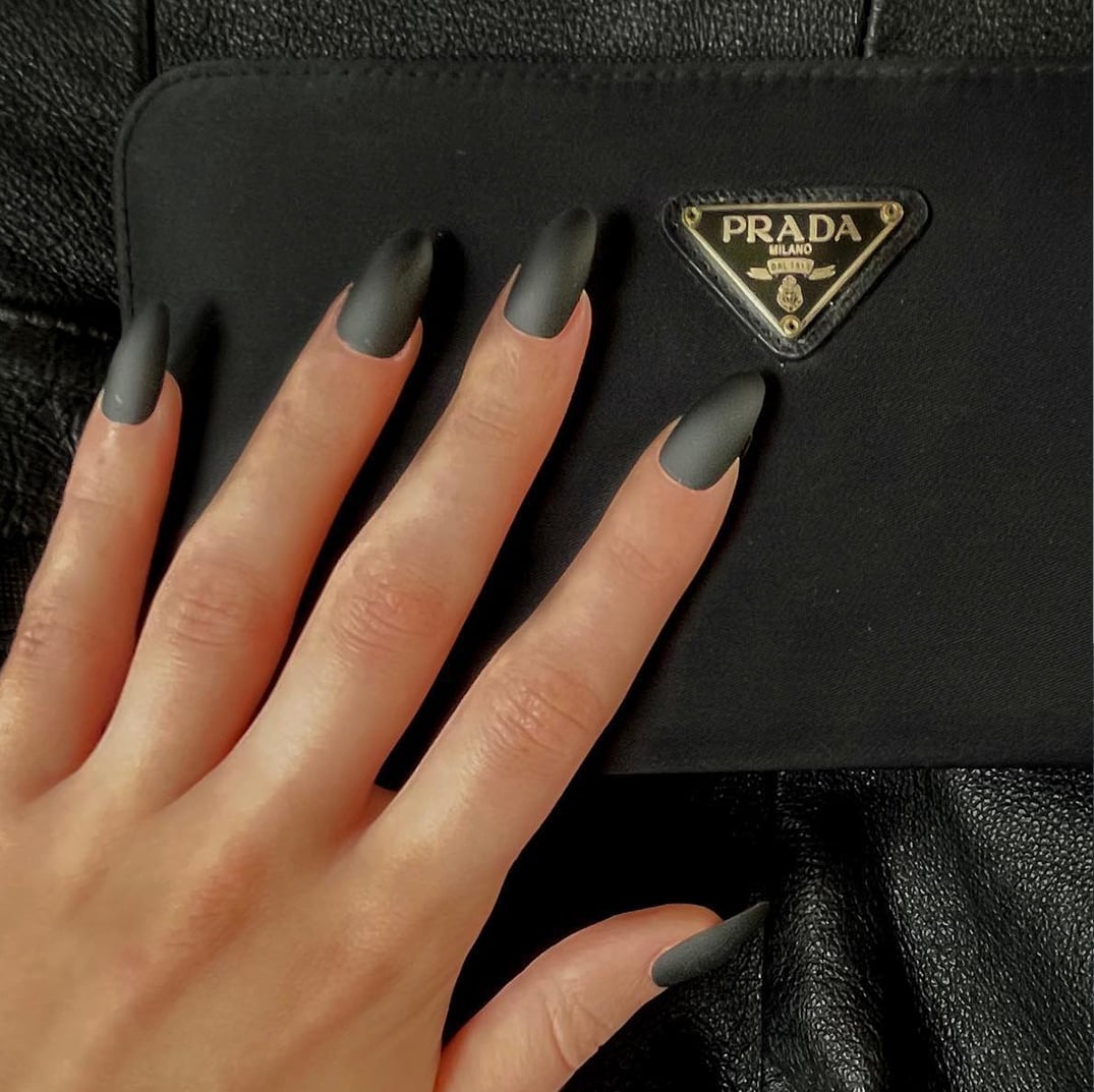 Solid Black Medium-Long Almond Matte Nails — Trendy Nails for Black Dress