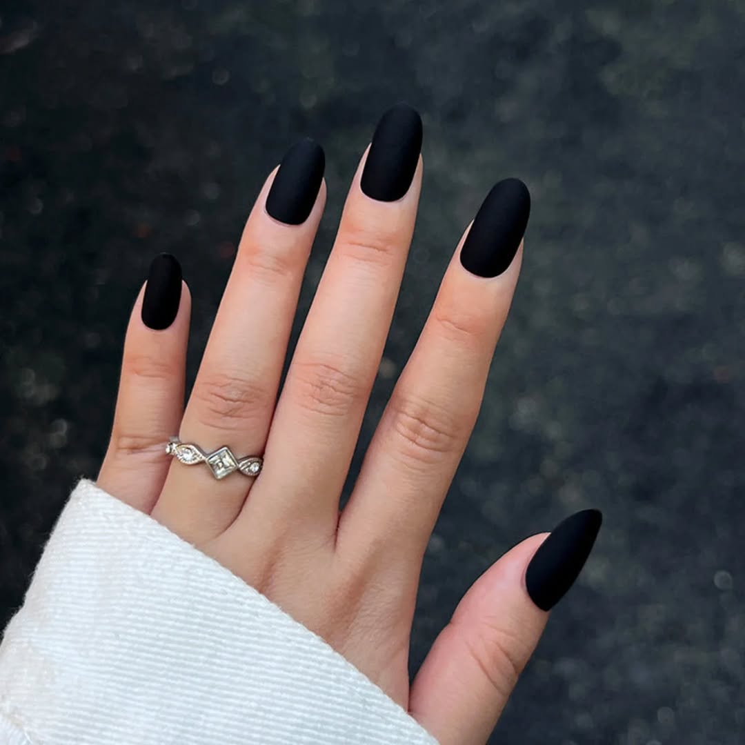 Deep Black Velvet Matte Almond Nails — Trendy Nails for Black Dress