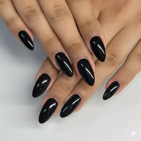 High-Gloss Opaque Black Medium-Long Almond Nails — Trendy Nails for Black Dress