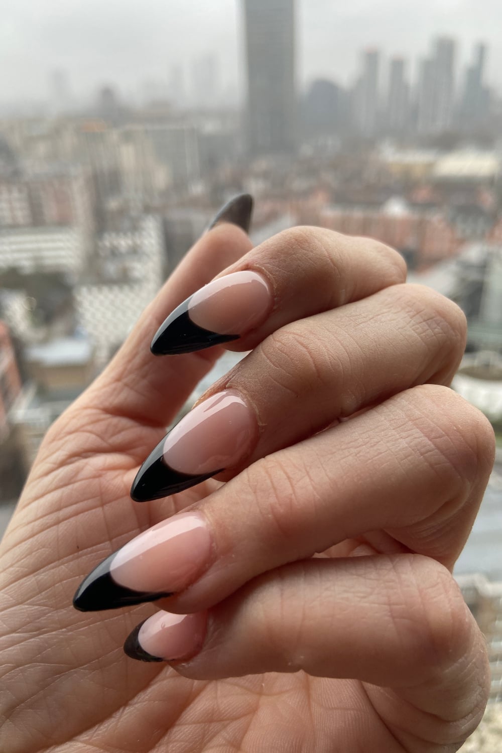 Long Almond French Tips with Black Tips — Trendy Nails for Black Dress
