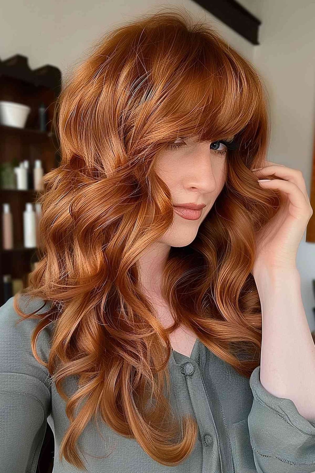 Collarbone Ginger Copper With Voluminous Curtain Bangs Collarbone Ginger Copper With Voluminous Curtain Bangs — Trendy Natural Red Hair