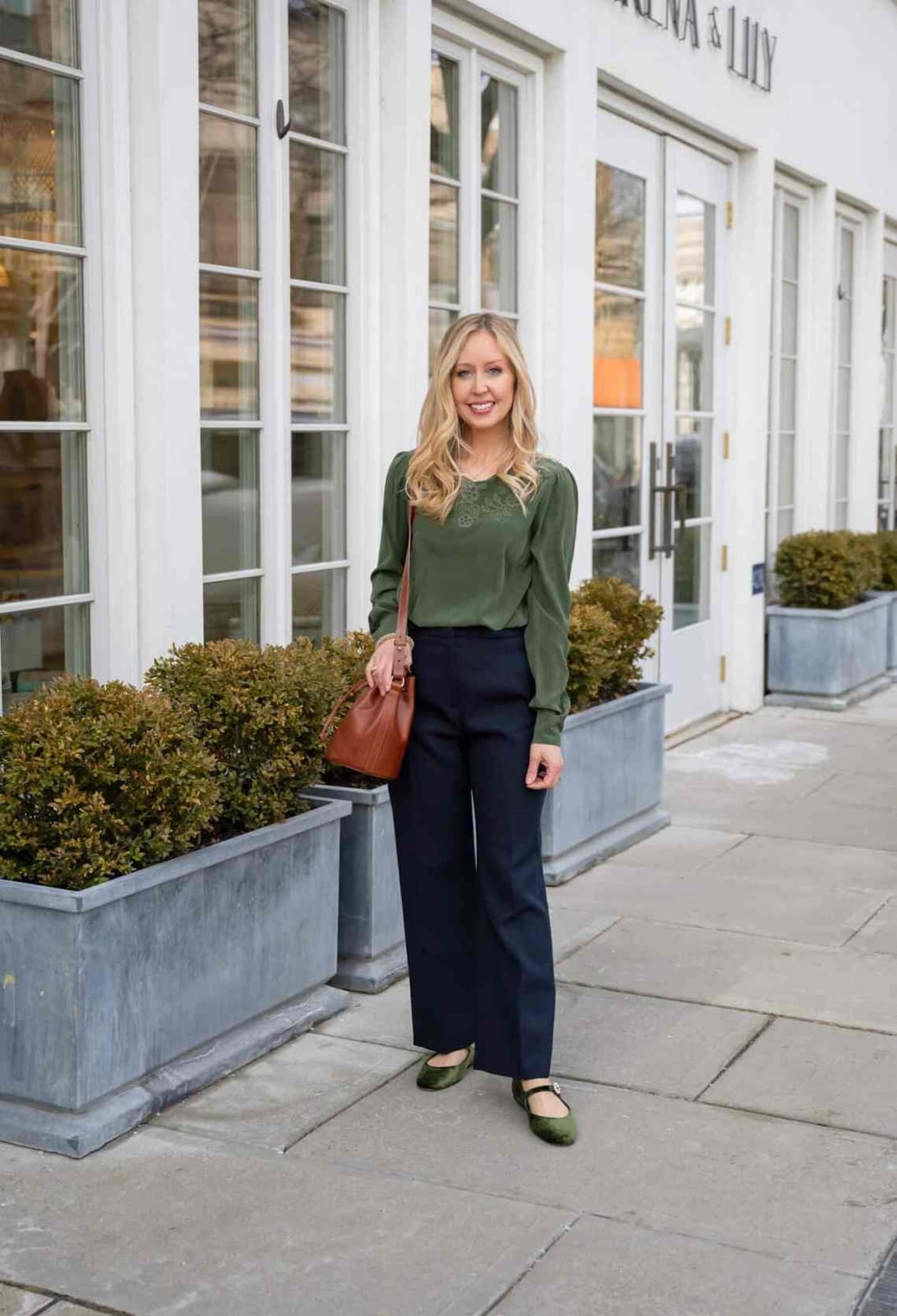 Navy Wide Leg Trousers With Lace Blouse — Trendy Navy Blue Outfits