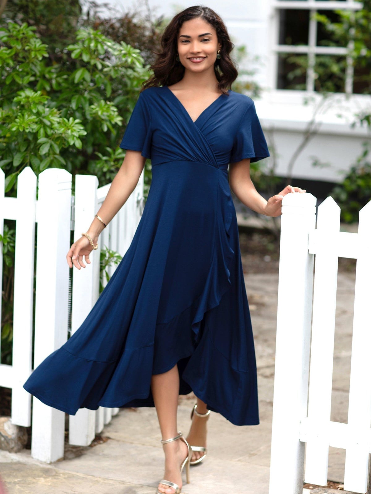 Navy Wrap Dress With Flutter Sleeves — Trendy Navy Blue Outfits