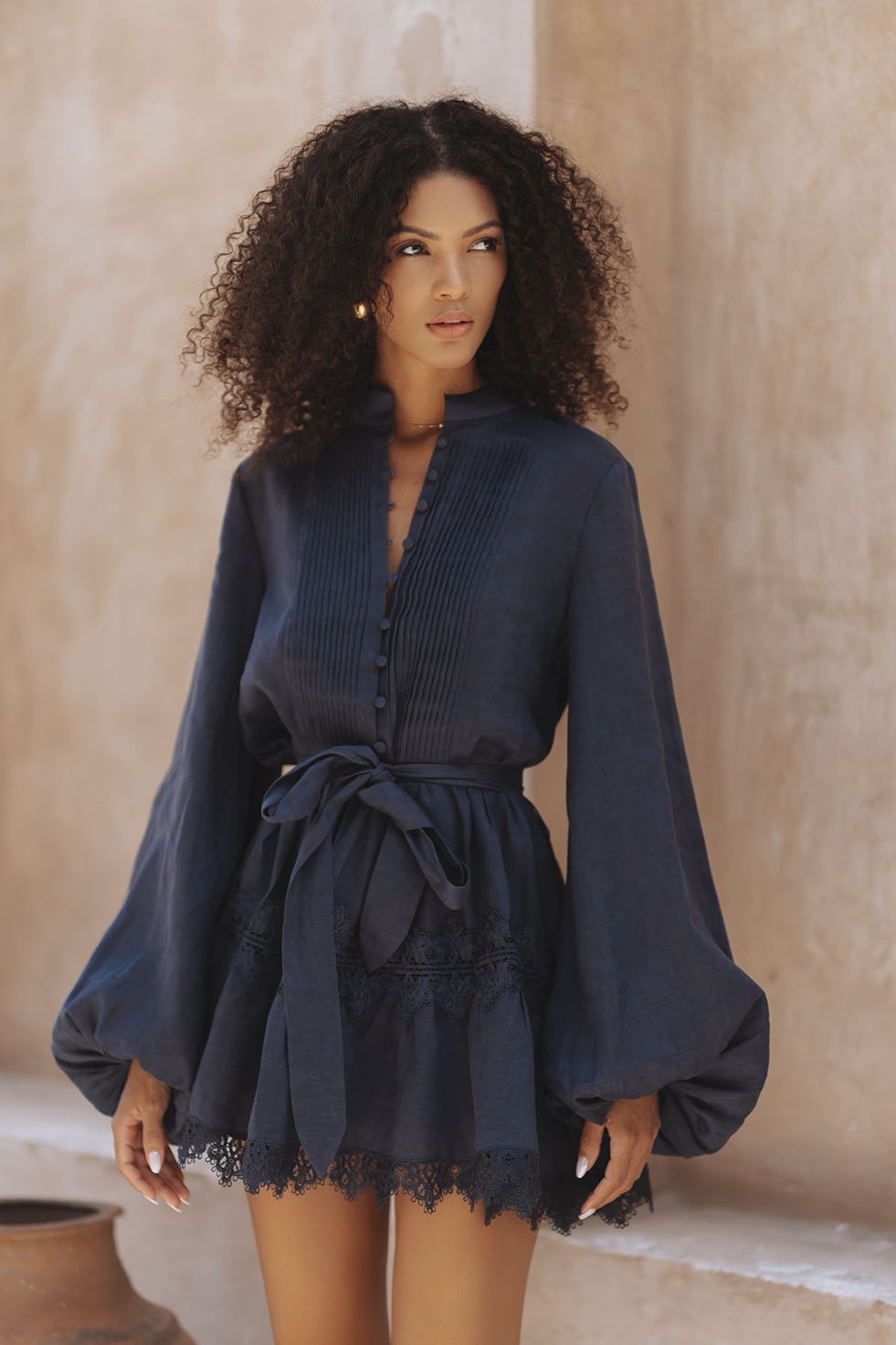 Navy Linen Mini Dress With Lace Trim — Trendy Navy Blue Outfits