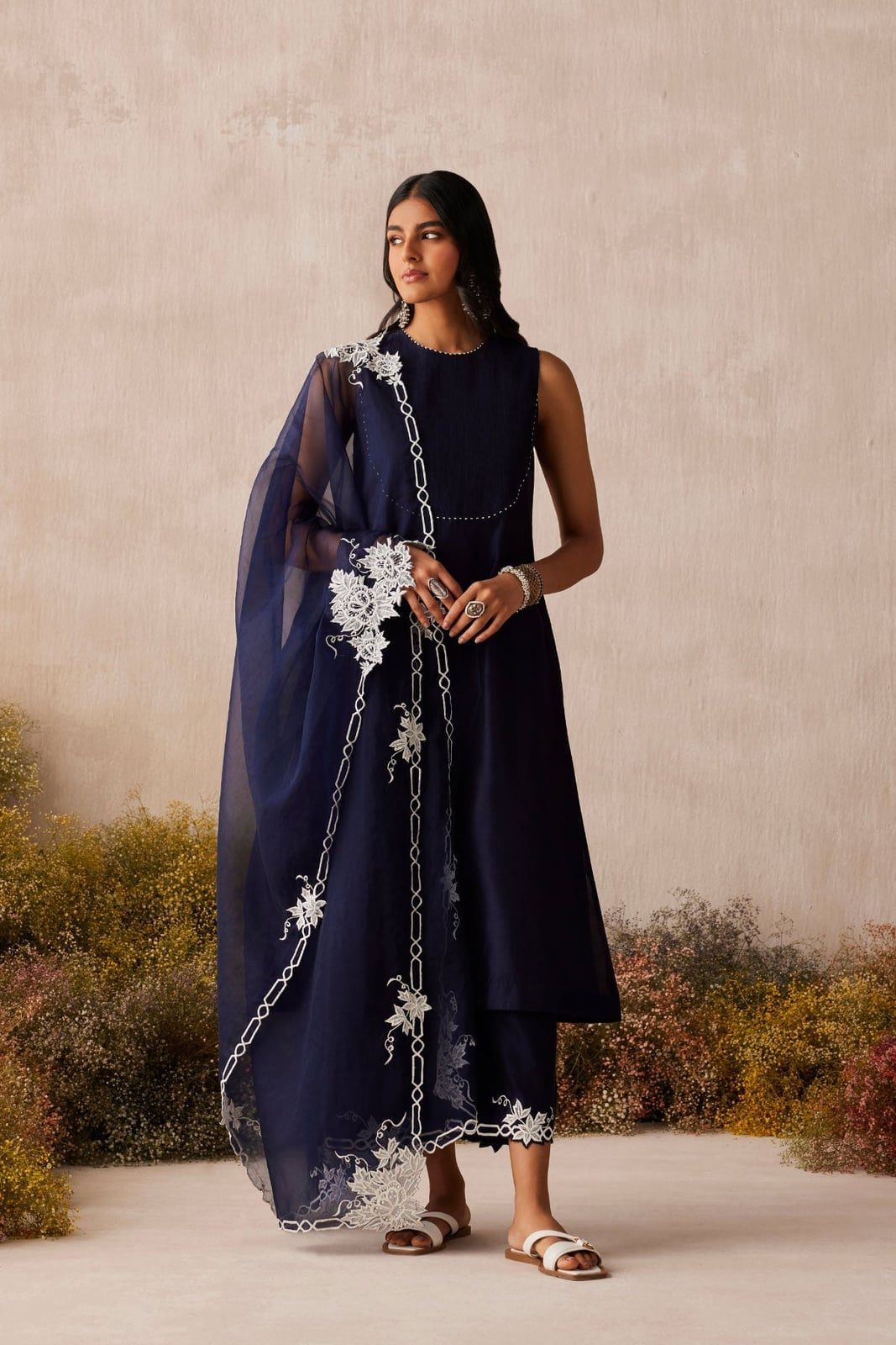Navy Kurta Set With Embroidered Dupatta — Trendy Navy Blue Outfits