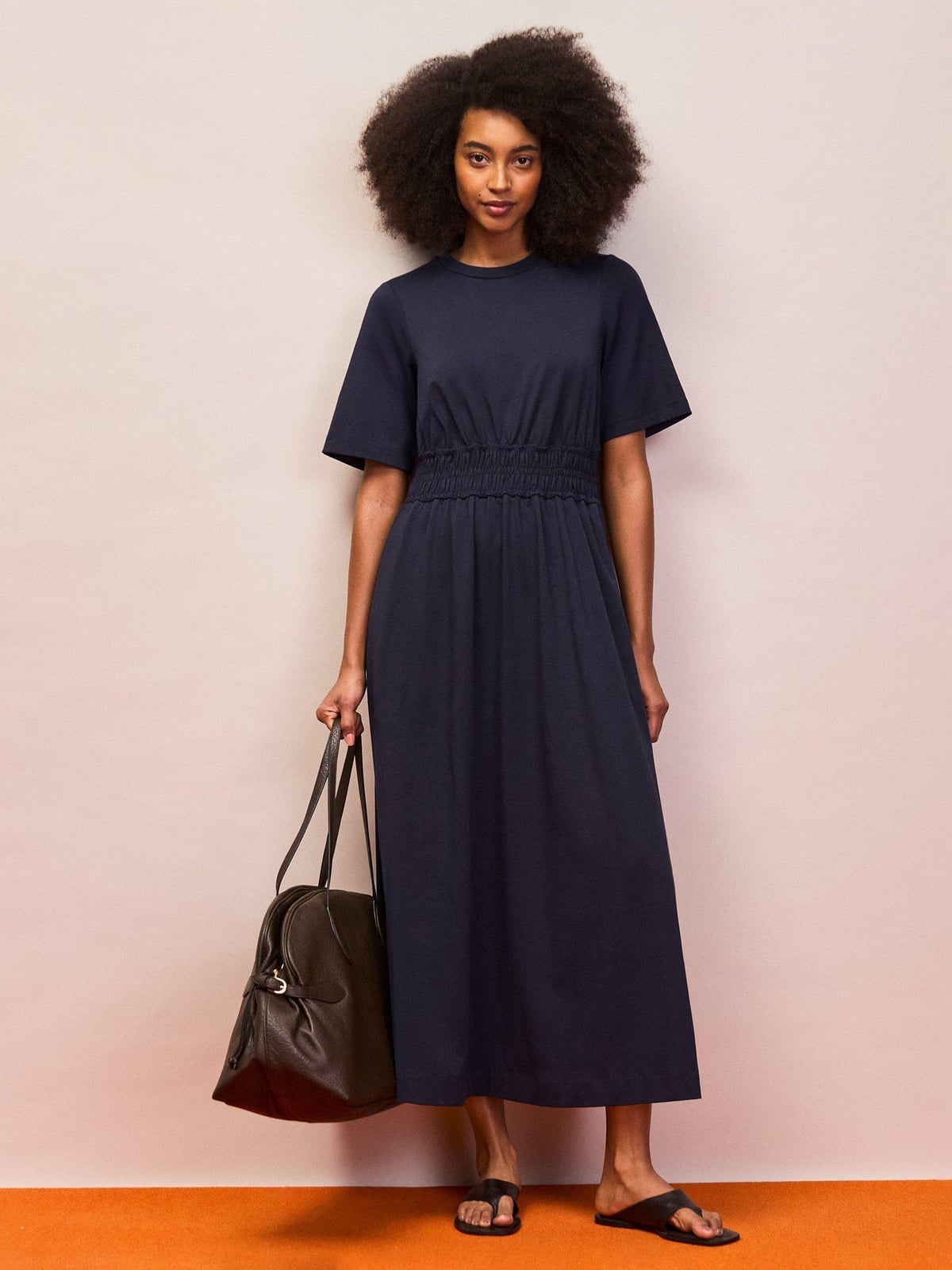Navy A-line Midi Dress With Leather Tote — Trendy Navy Blue Outfits