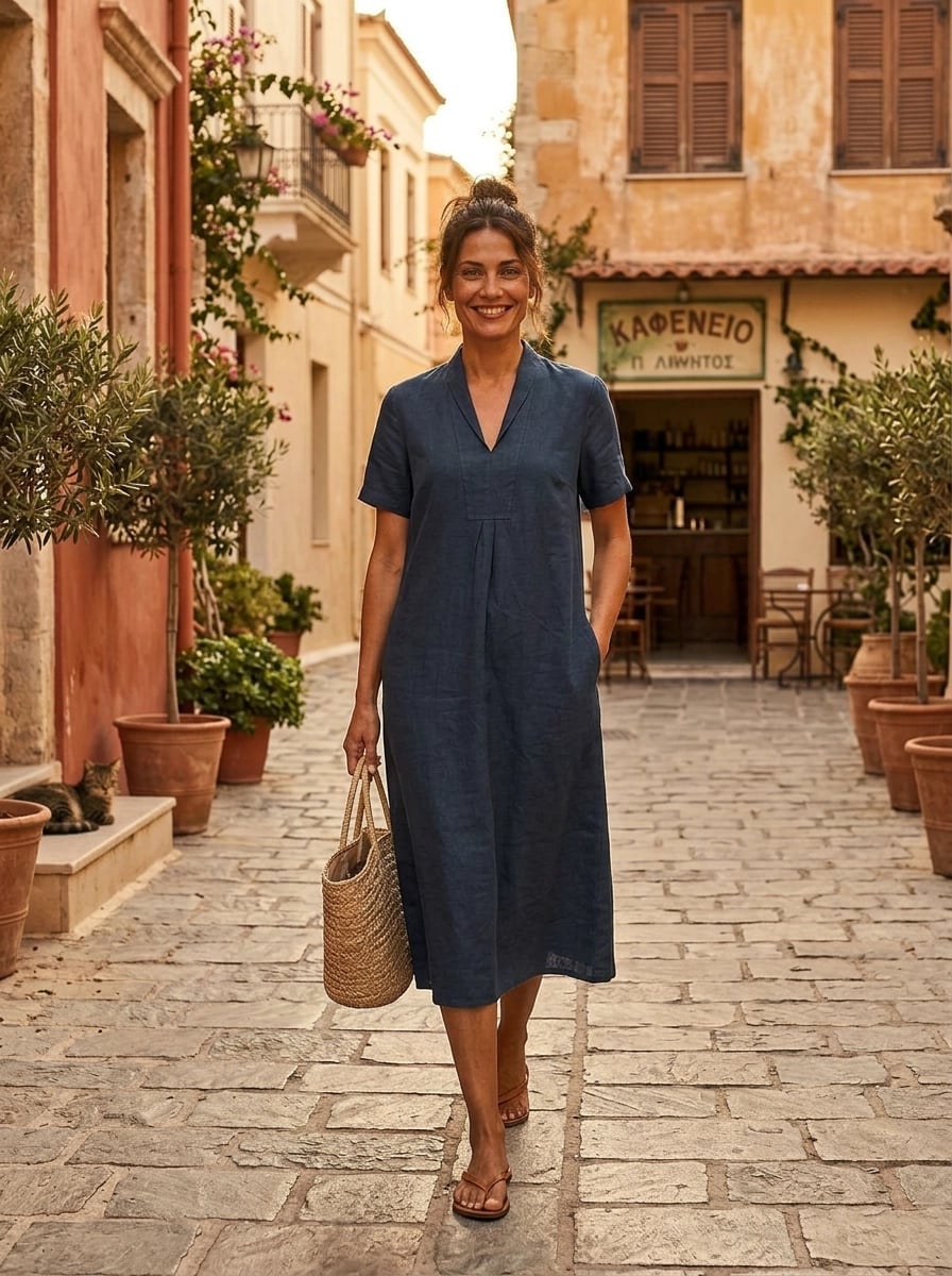 Navy Linen Midi Dress With Pockets — Trendy Navy Blue Outfits