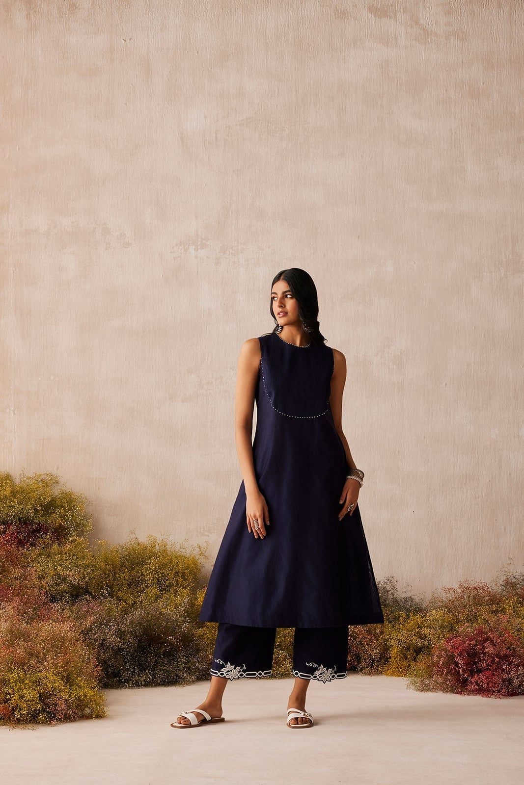 Navy Embroidered Kurta With Wide Leg Trousers — Trendy Navy Blue Outfits