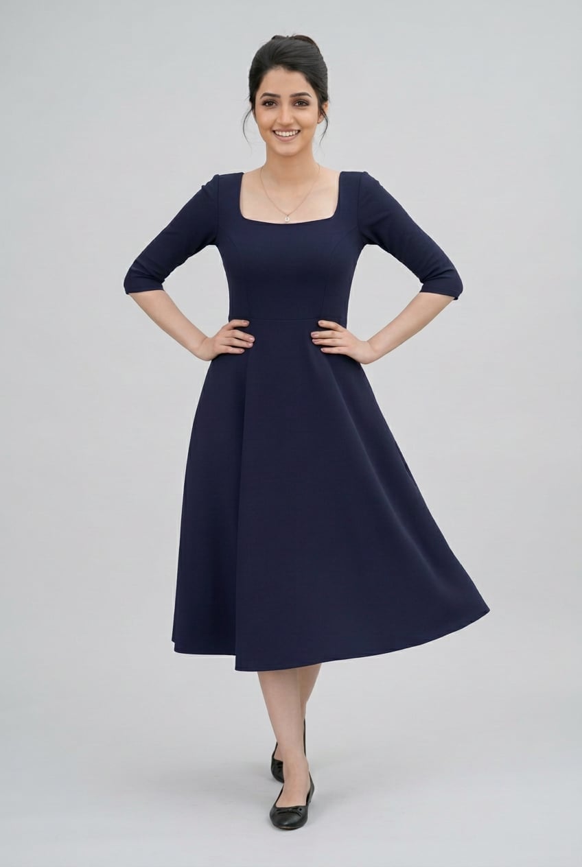 Navy Fit And Flare Midi Dress — Trendy Navy Blue Outfits