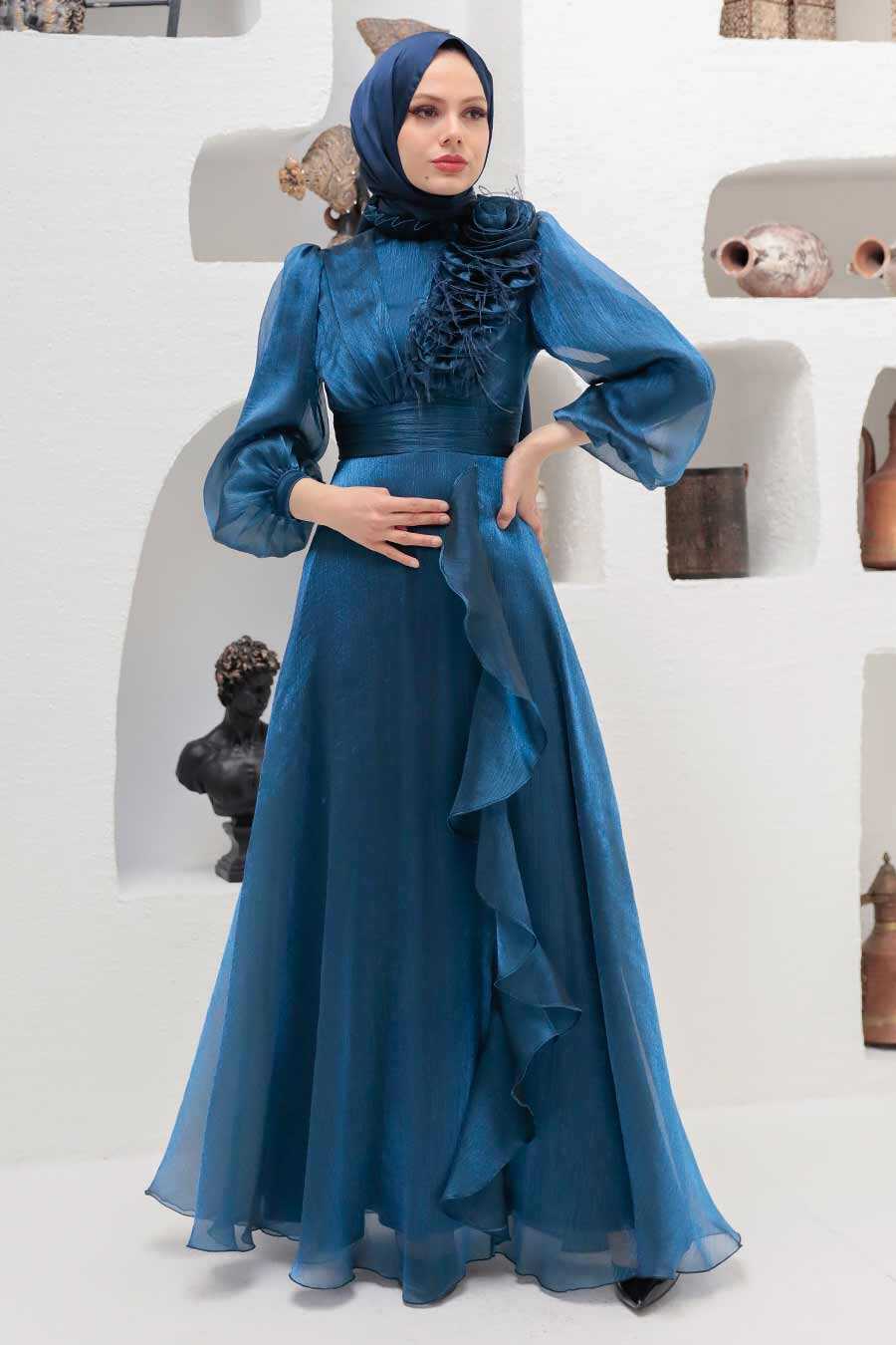 Teal Blue Shimmering Ruffled Maxi Dress — Trendy Navy Blue Outfits