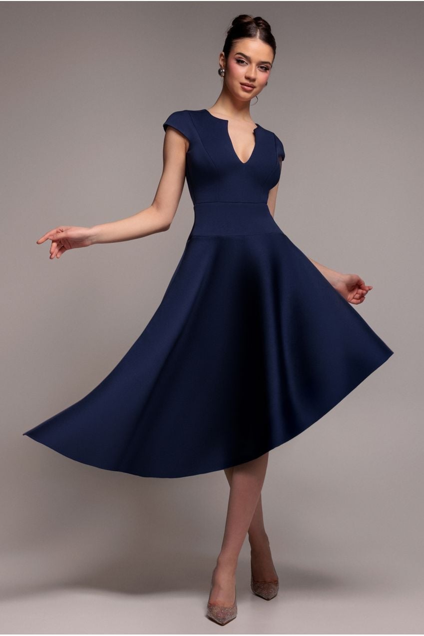 Navy Skater Midi Dress With High-Low Hem — Trendy Navy Blue Outfits
