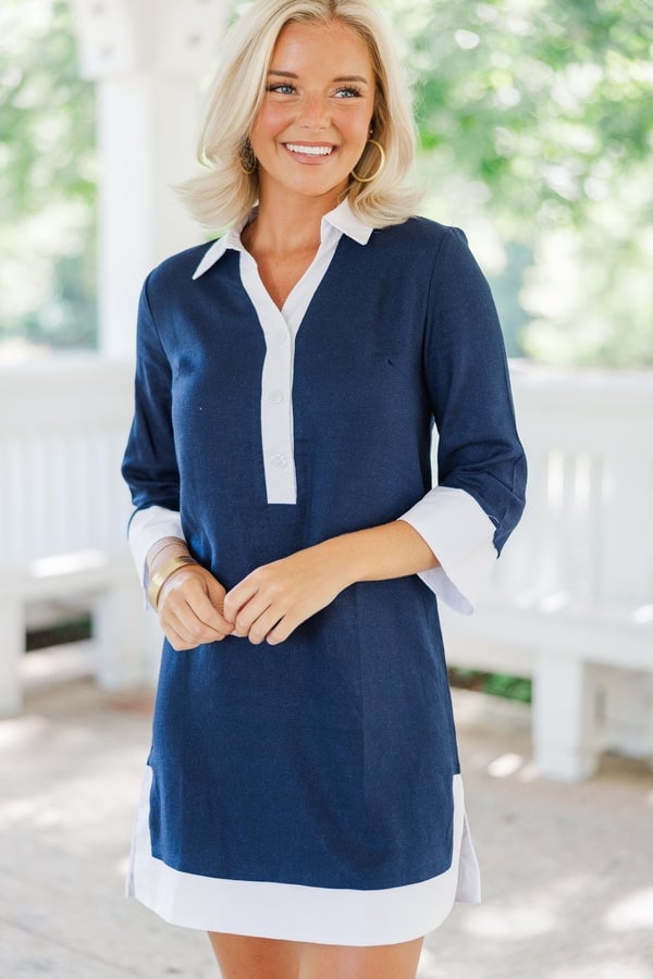 Navy Collared Dress With Contrasting Cuffs — Trendy Navy Blue Outfits