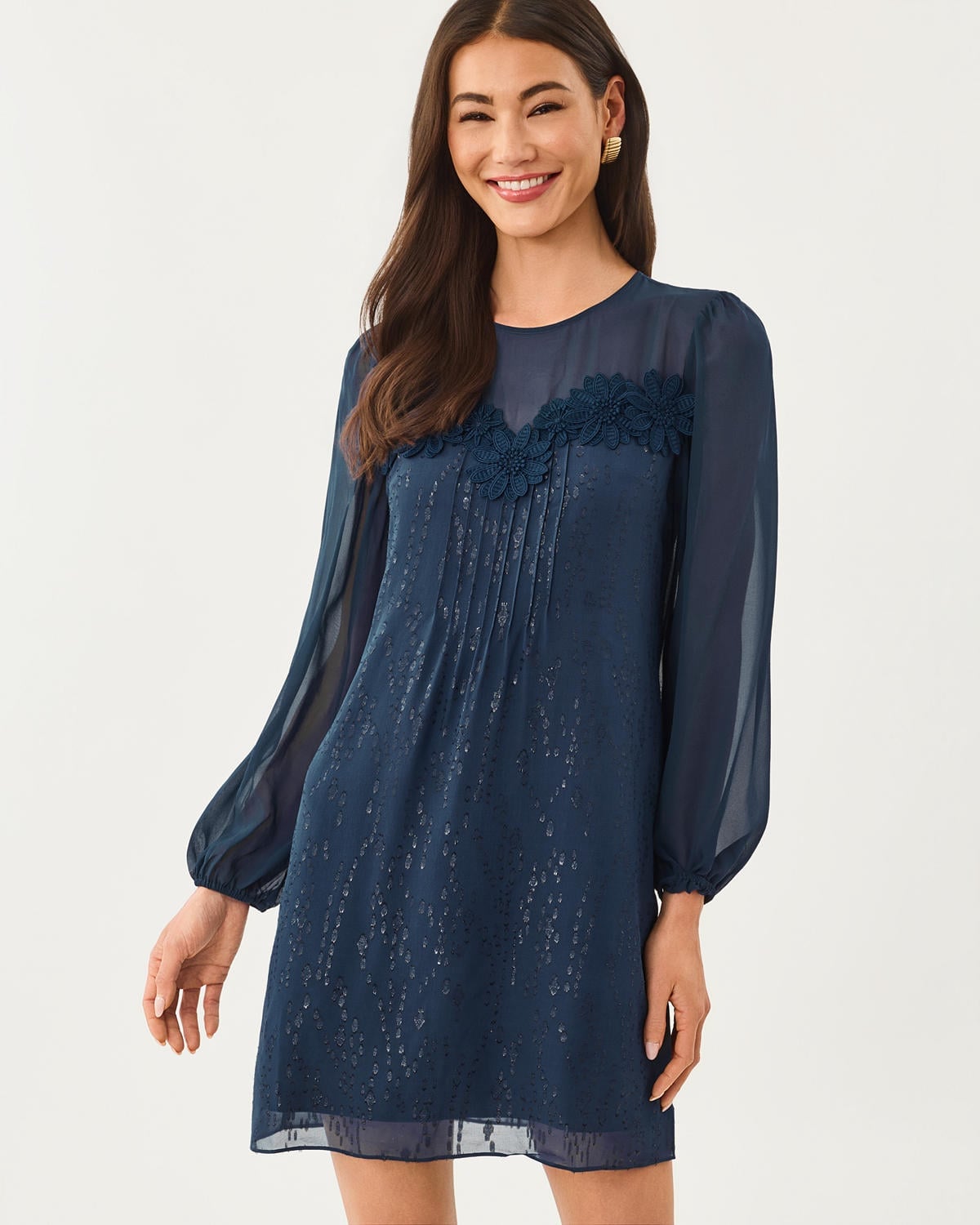 Deep Blue Dress With Embellished Neckline — Trendy Navy Blue Outfits