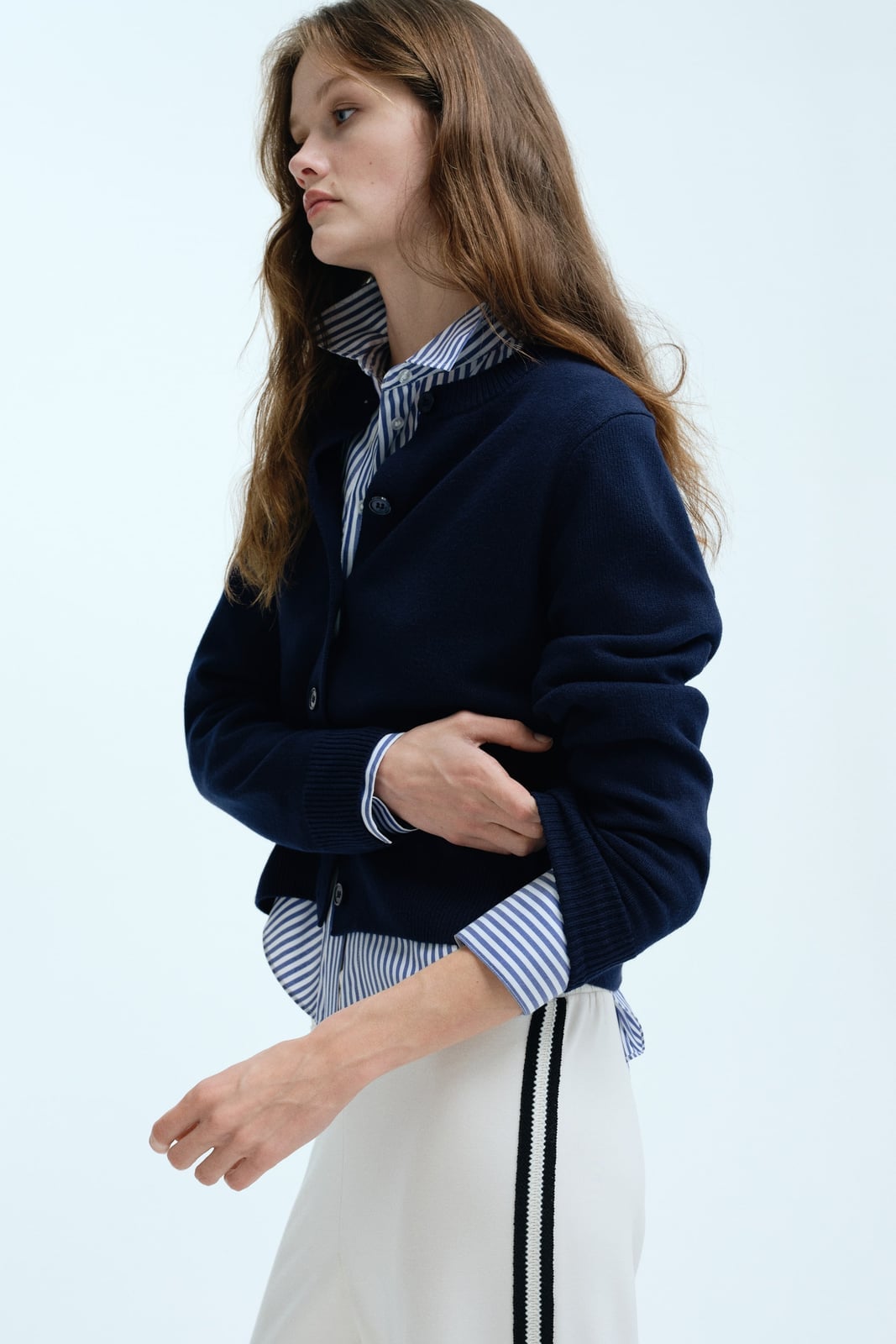 Navy Knit Cardigan Over Striped Shirt — Trendy Navy Blue Outfits