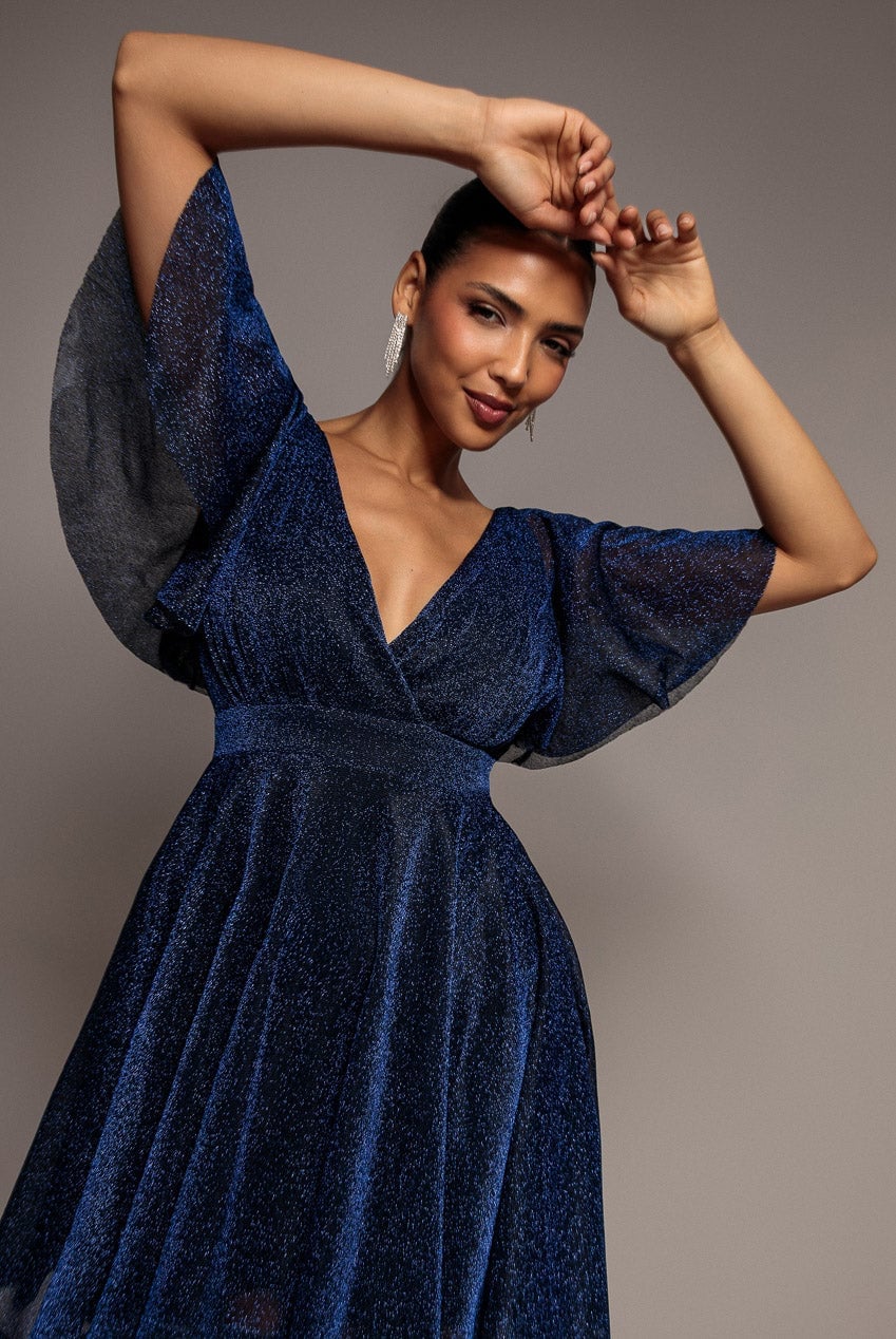 Navy Sparkle Lurex Wrap Mini Dress — Trendy Navy Blue Outfits