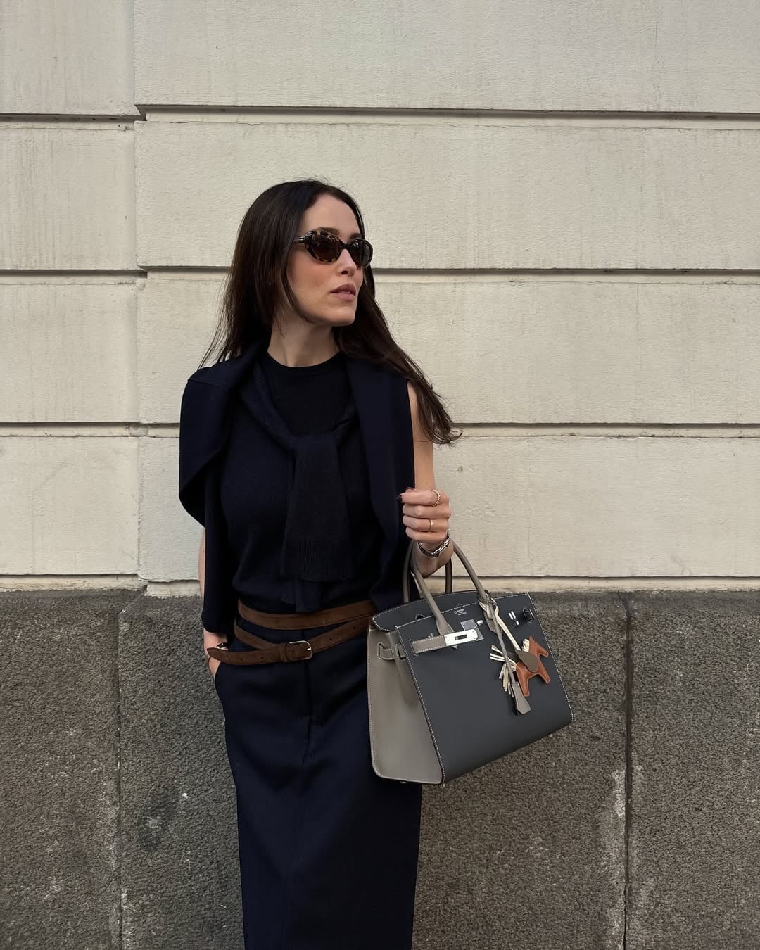 Navy Wide Leg Trousers With Draped Sweater — Trendy Navy Blue Outfits