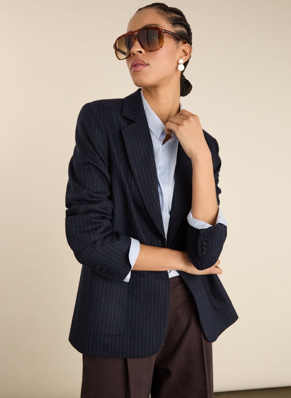 Pinstripe Navy Blazer With Light Blue Shirt — Trendy Navy Blue Outfits