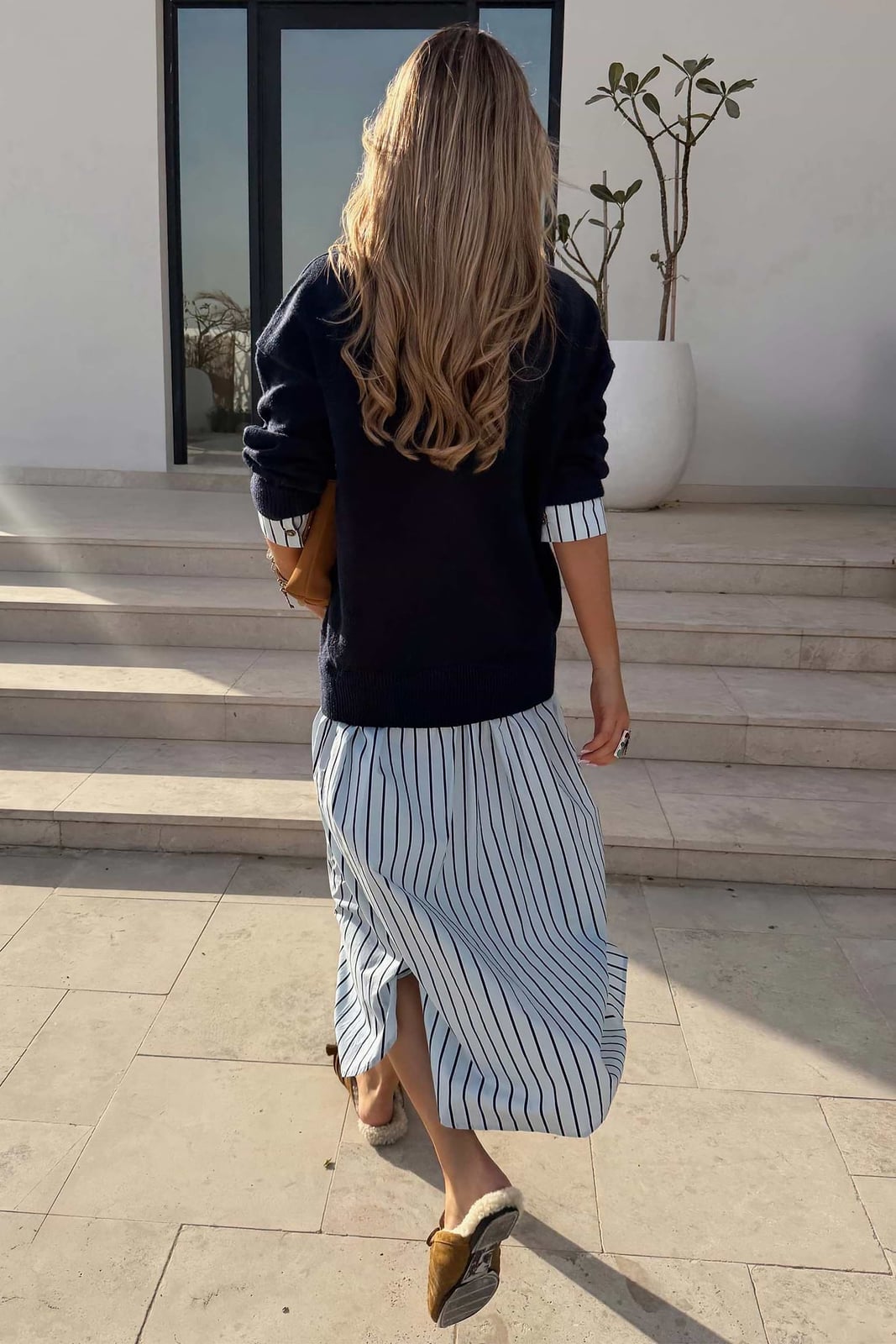 Navy Jumper Over Striped Shirt With Midi Skirt — Trendy Navy Blue Outfits