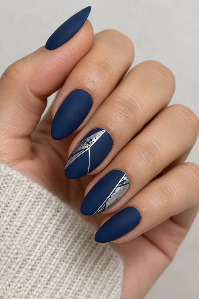 Long Almond Matte Navy with Silver Accents Long Almond Matte Navy with Silver Accents — Trendy Navy Nails