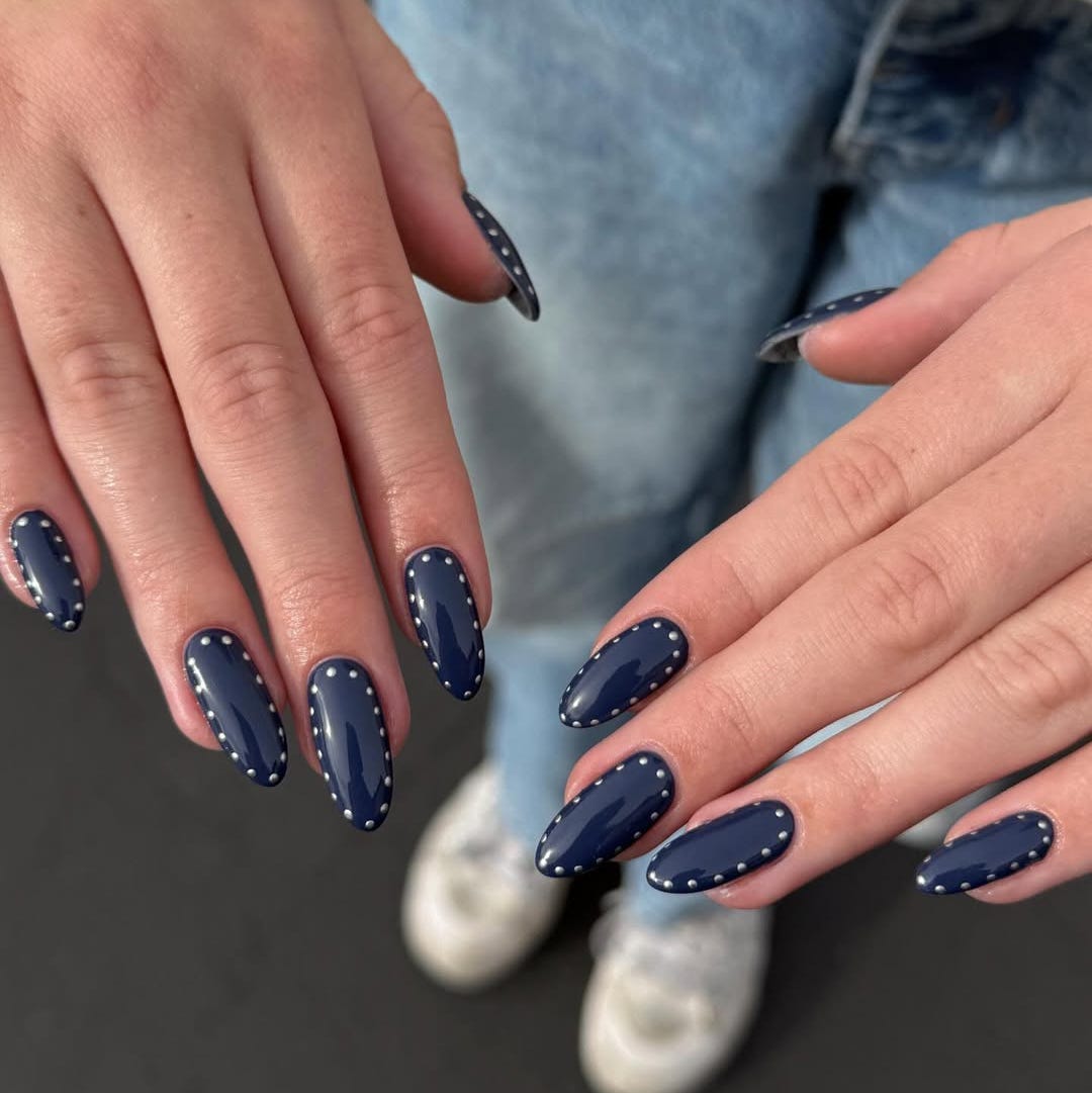 Almond Nails with All-Over Silver Studs Almond Nails with All-Over Silver Studs — Trendy Navy Nails