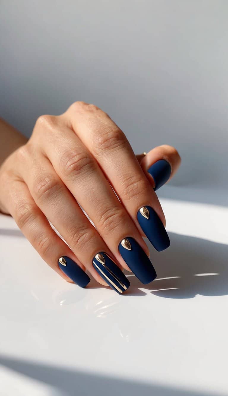 Long Coffin Matte Navy with Gold Accents Long Coffin Matte Navy with Gold Accents — Trendy Navy Nails
