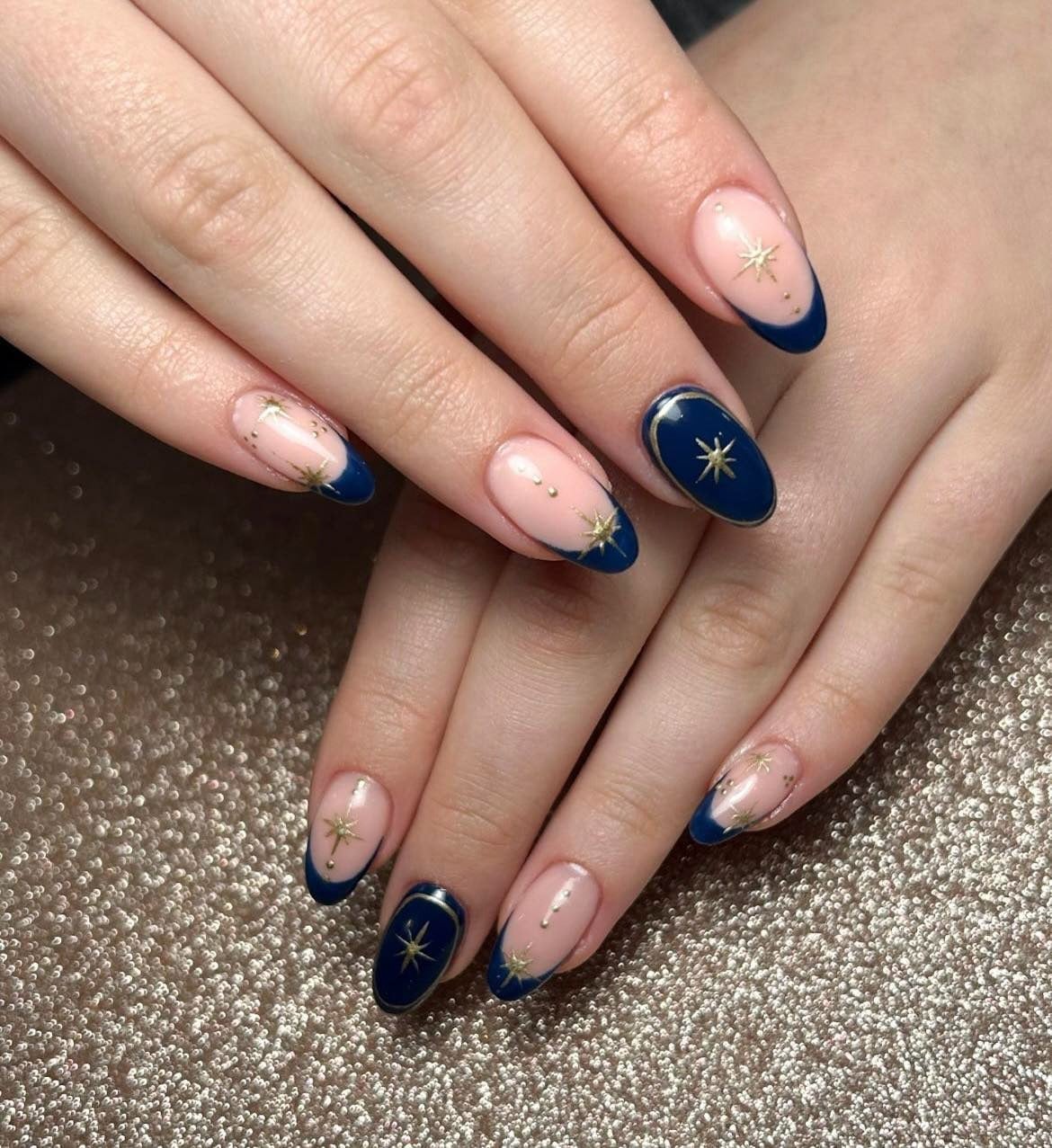 Navy French Tips with Celestial Gold Accents Navy French Tips with Celestial Gold Accents — Trendy Navy Nails