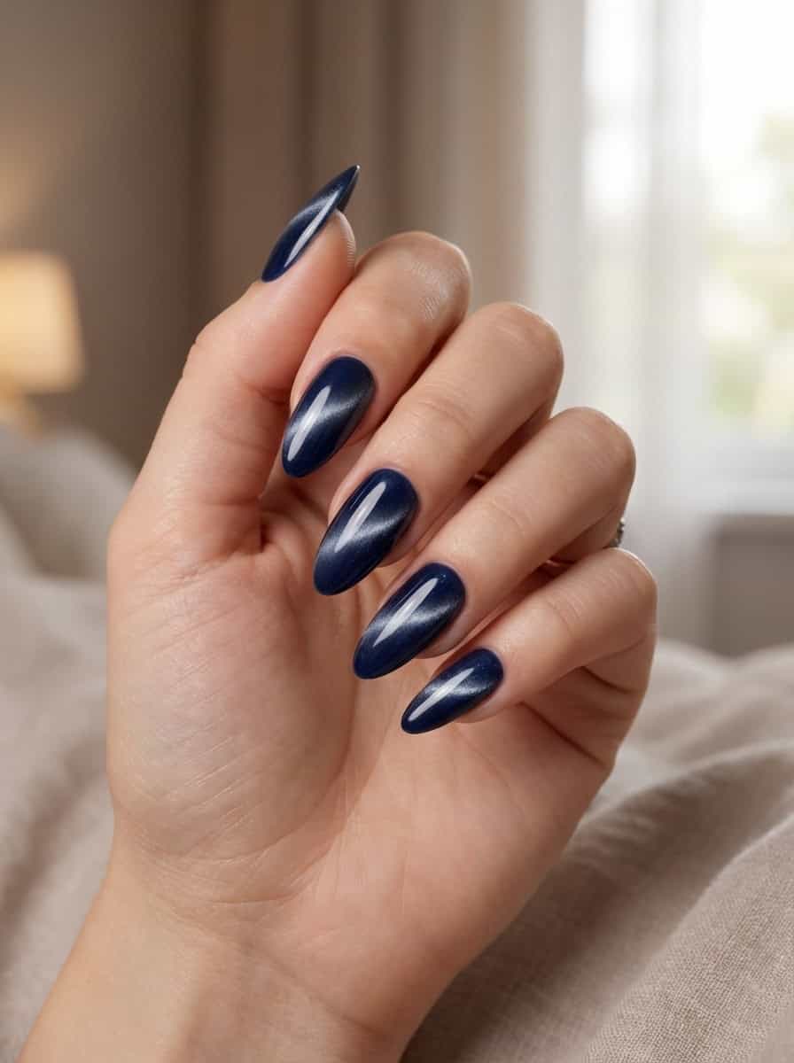 Long Almond Cat-Eye Navy Nails Long Almond Cat-Eye Navy Nails — Trendy Navy Nails