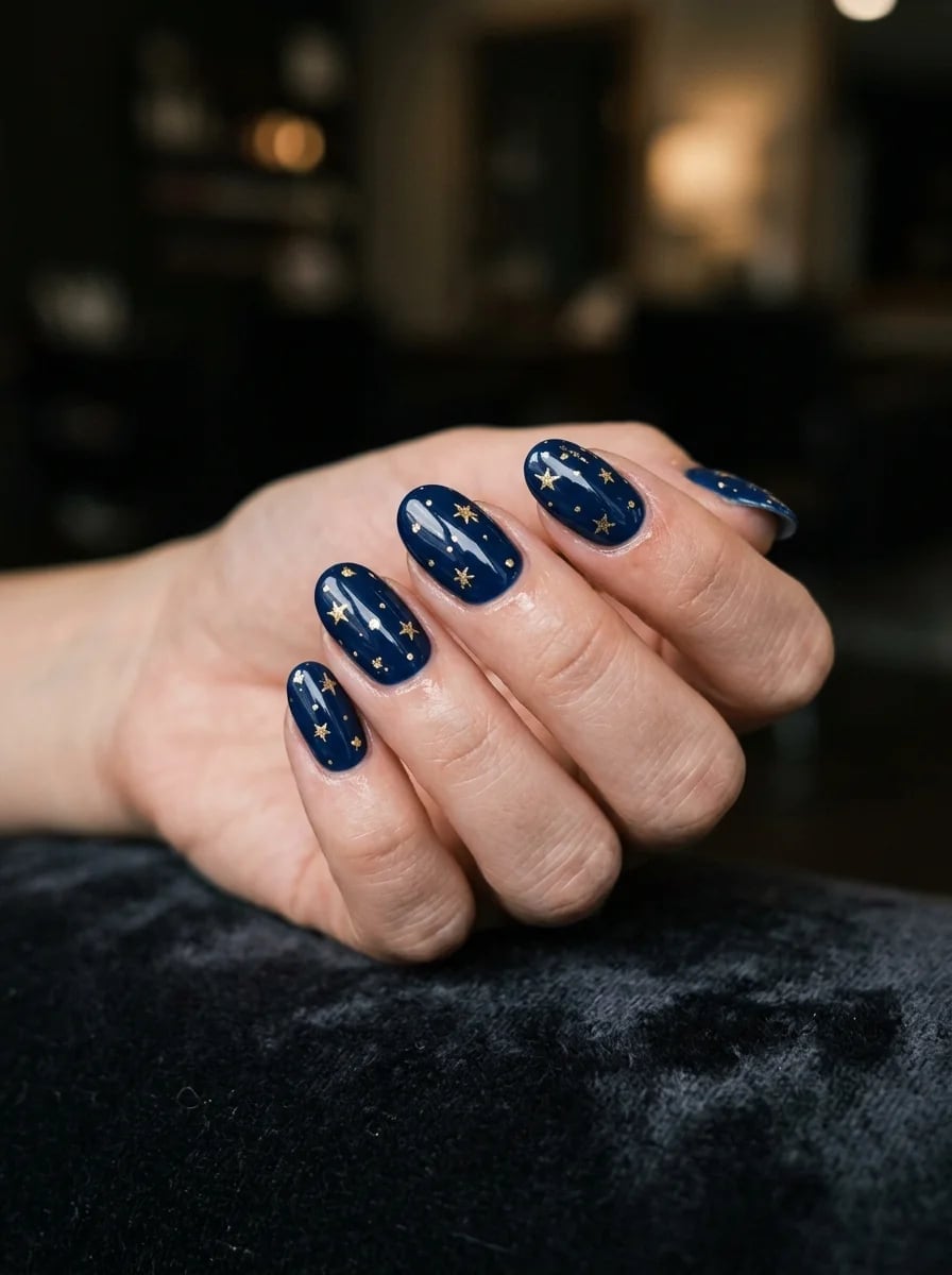 Medium Oval Navy with Scattered Gold Stars Medium Oval Navy with Scattered Gold Stars — Trendy Navy Nails