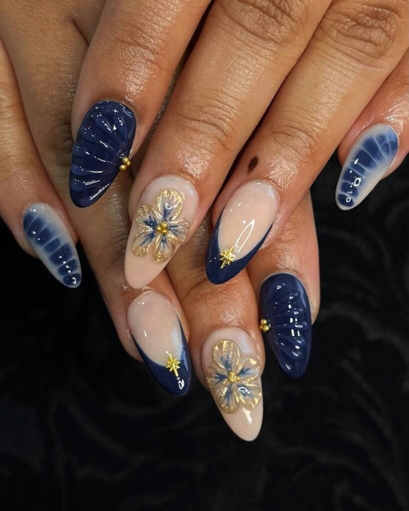 Almond Nails with 3D Gold Floral Navy Accents Almond Nails with 3D Gold Floral Navy Accents — Trendy Navy Nails
